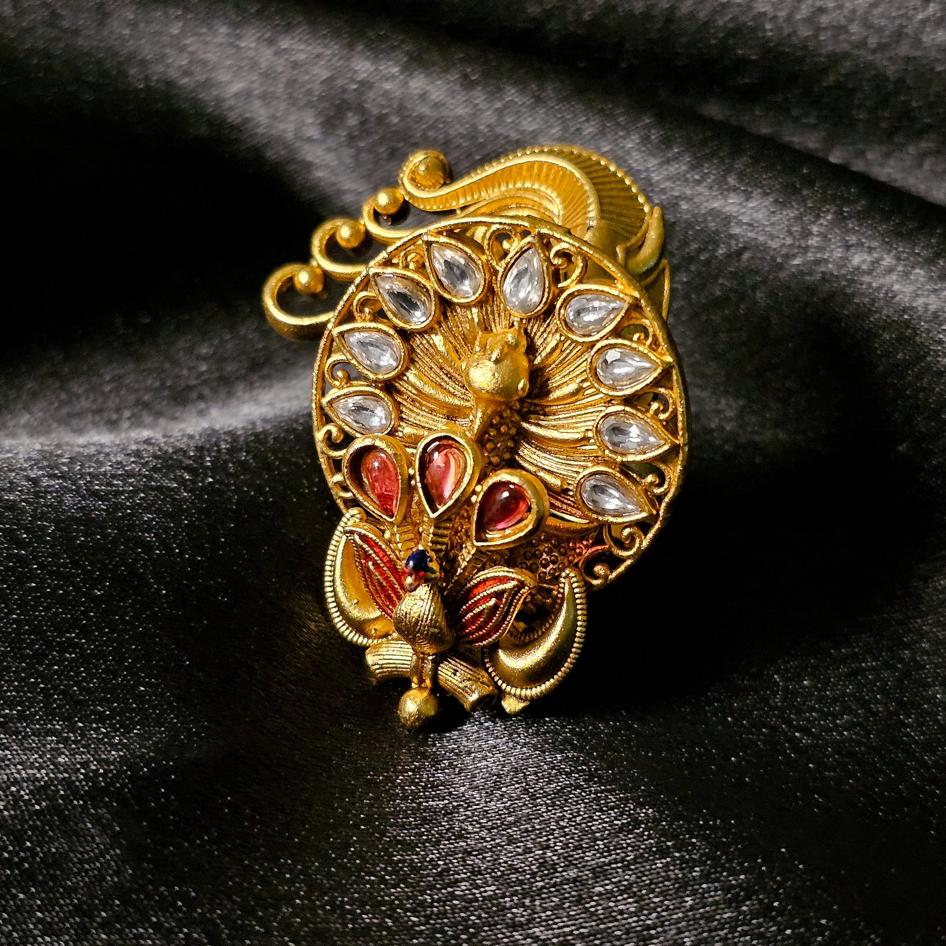 RARIGO0124 - Gold Plated Peacock Ring with Kundan