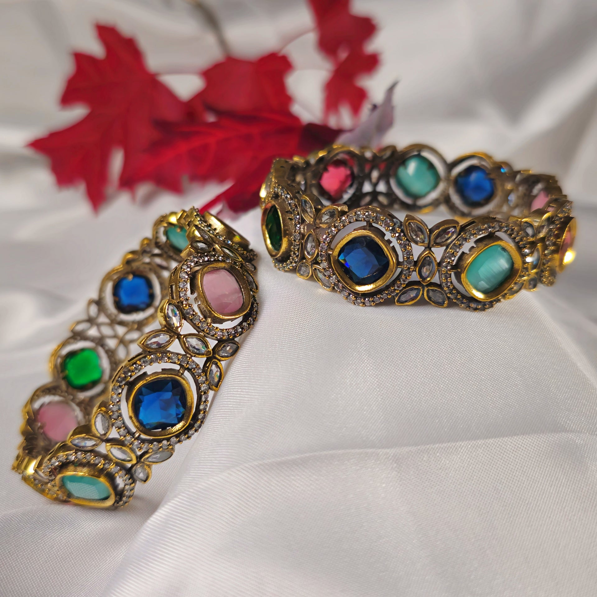 MOKAMC0059 - Antique Gold-Plated Moissanite Bangle Set