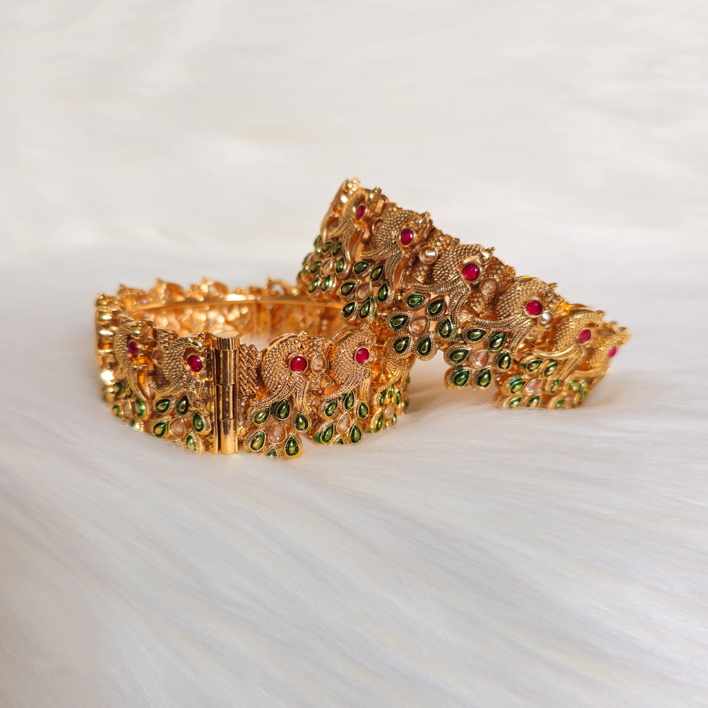 RAKAGO0036 - Gold-Plated Peacock Polki Bangle Set