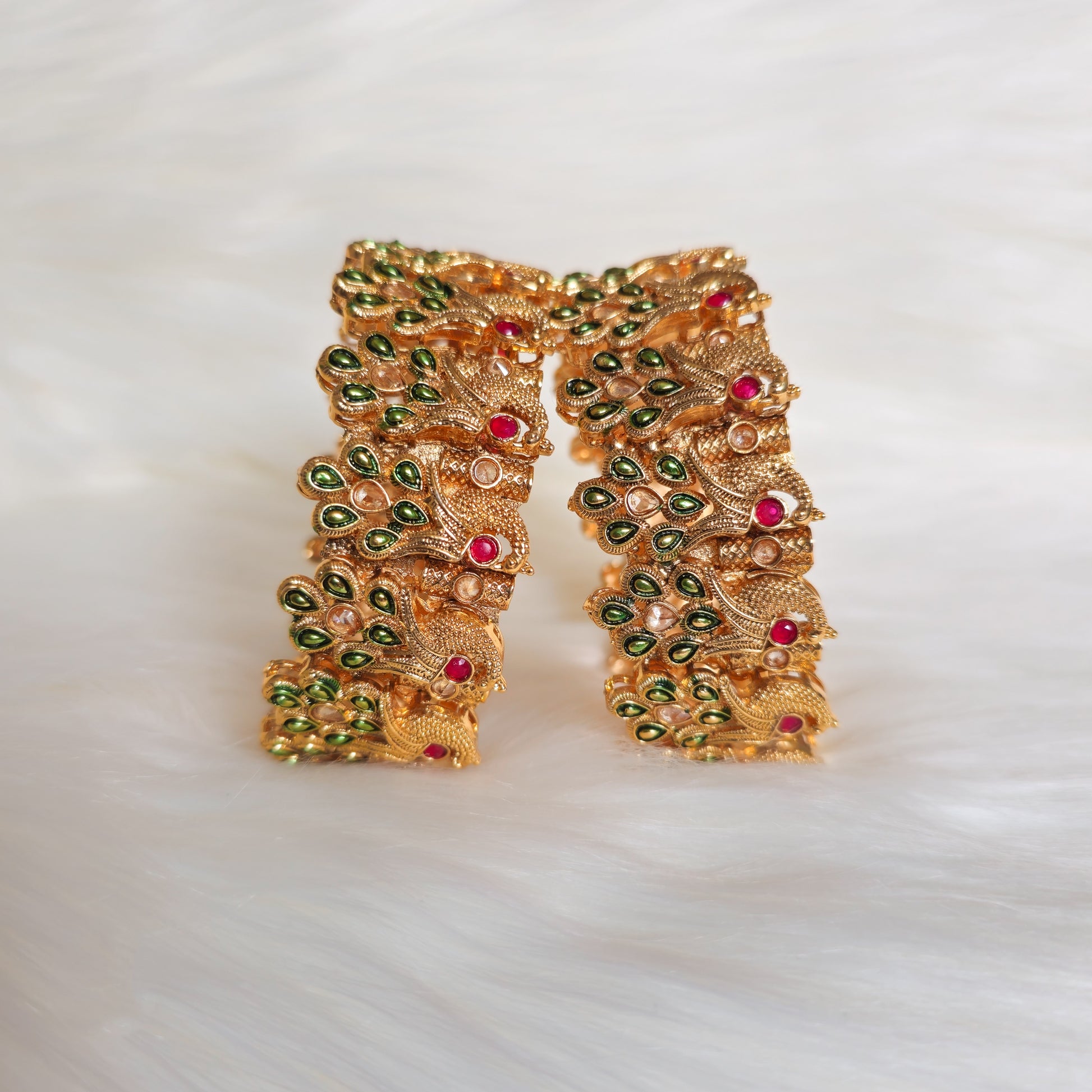 RAKAGO0036 - Gold-Plated Peacock Polki Bangle Set