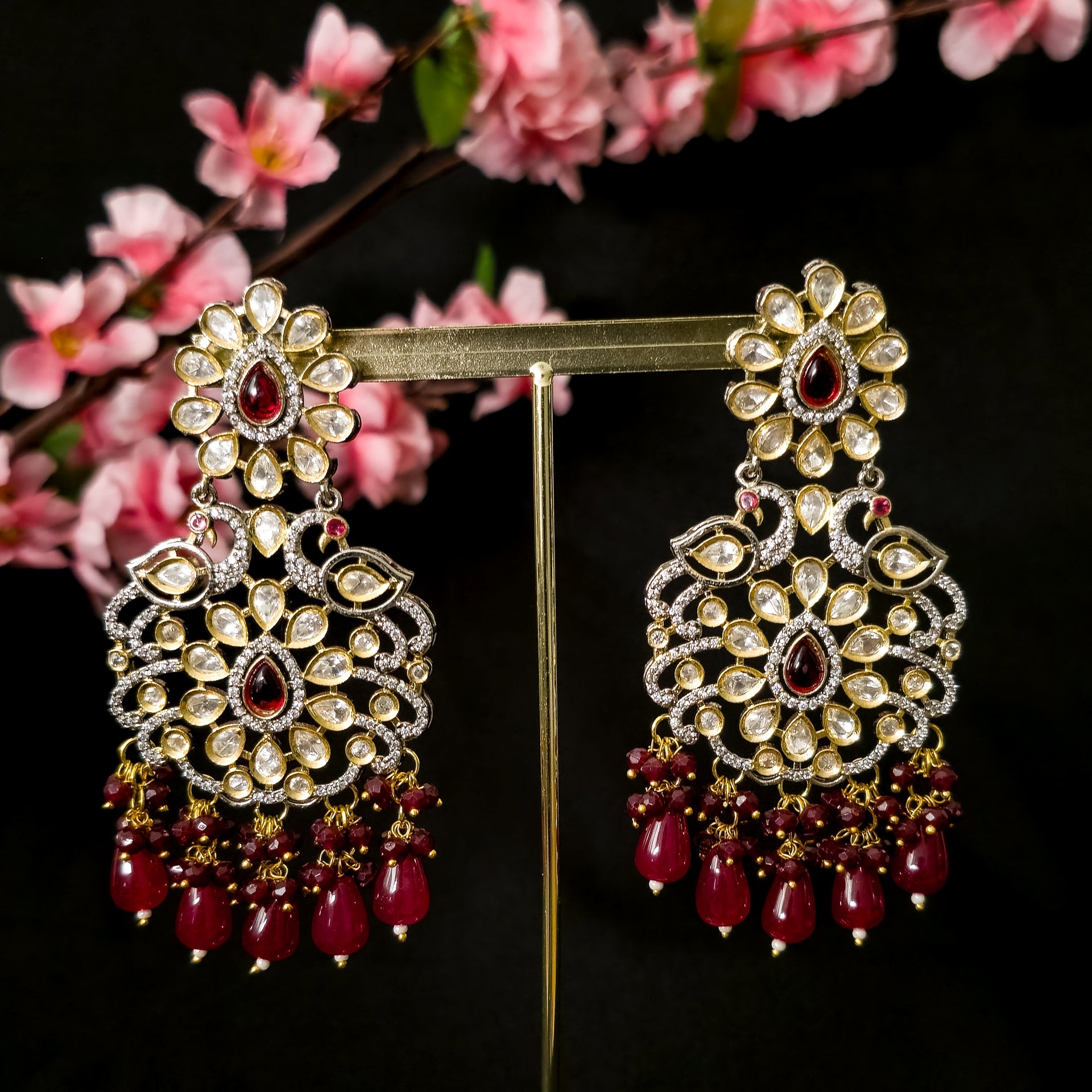 MNEAMR0198 - Silver Plated Uncut Kundan Peacock Earrings