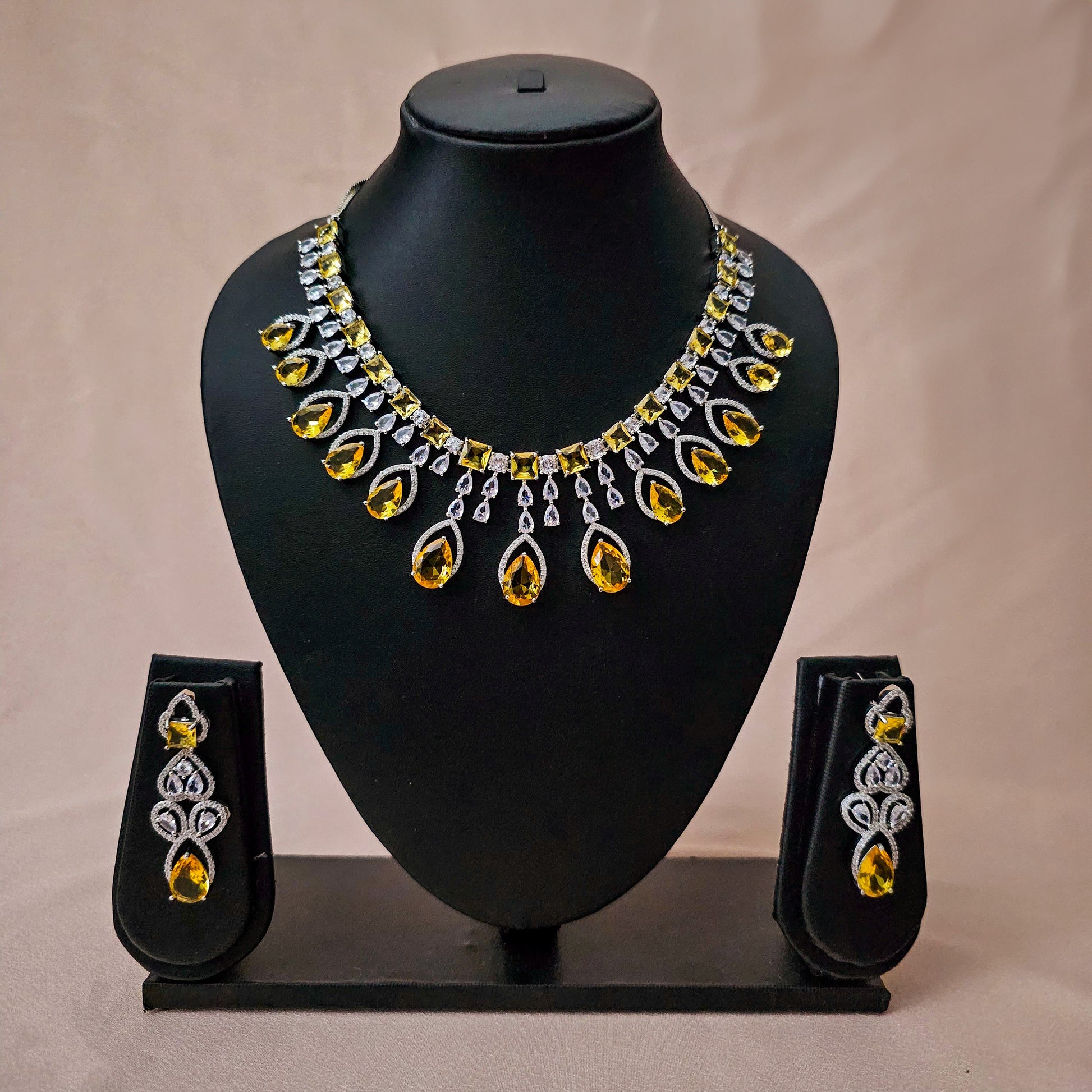 ADNEYE0025 - Yellow Color Silver Plated Faux American Diamond Necklace Set