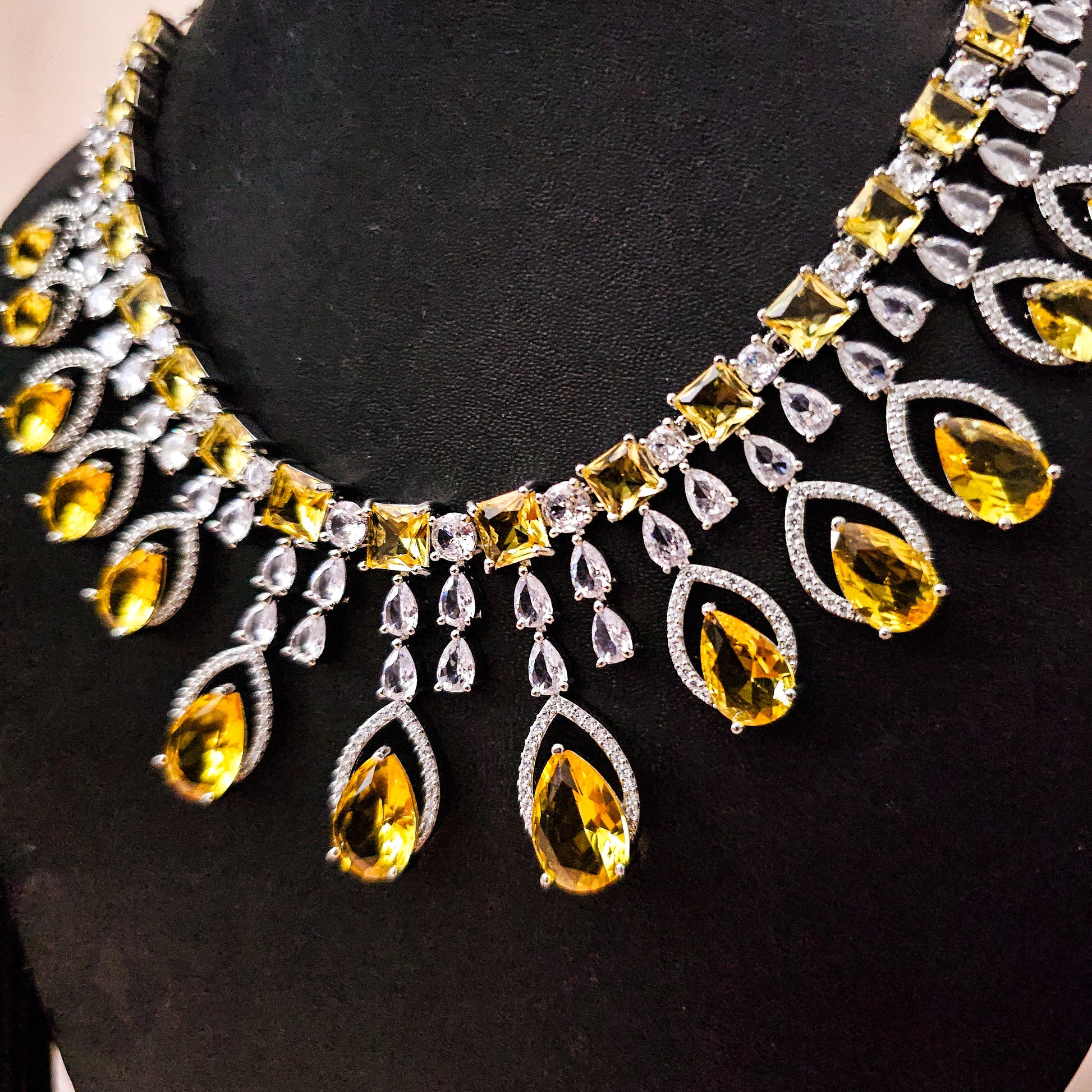 ADNEYE0025 - Yellow Color Silver Plated Faux American Diamond Necklace Set