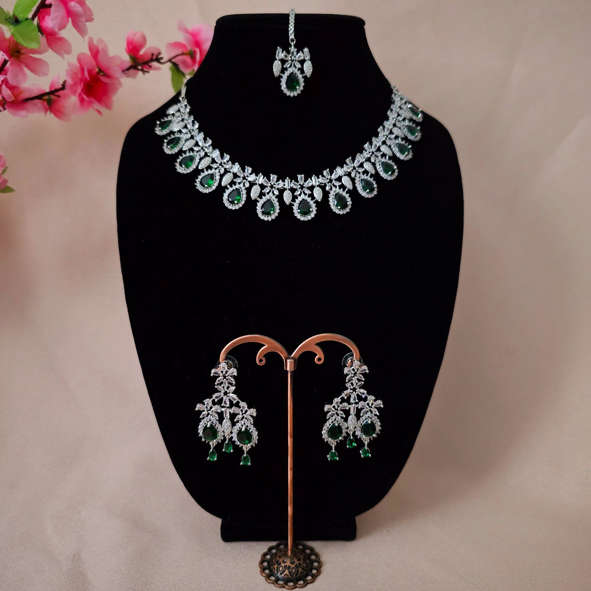 ADNEGR0014 - Emerald Green Silver Plated Faux American Diamond Necklace Set