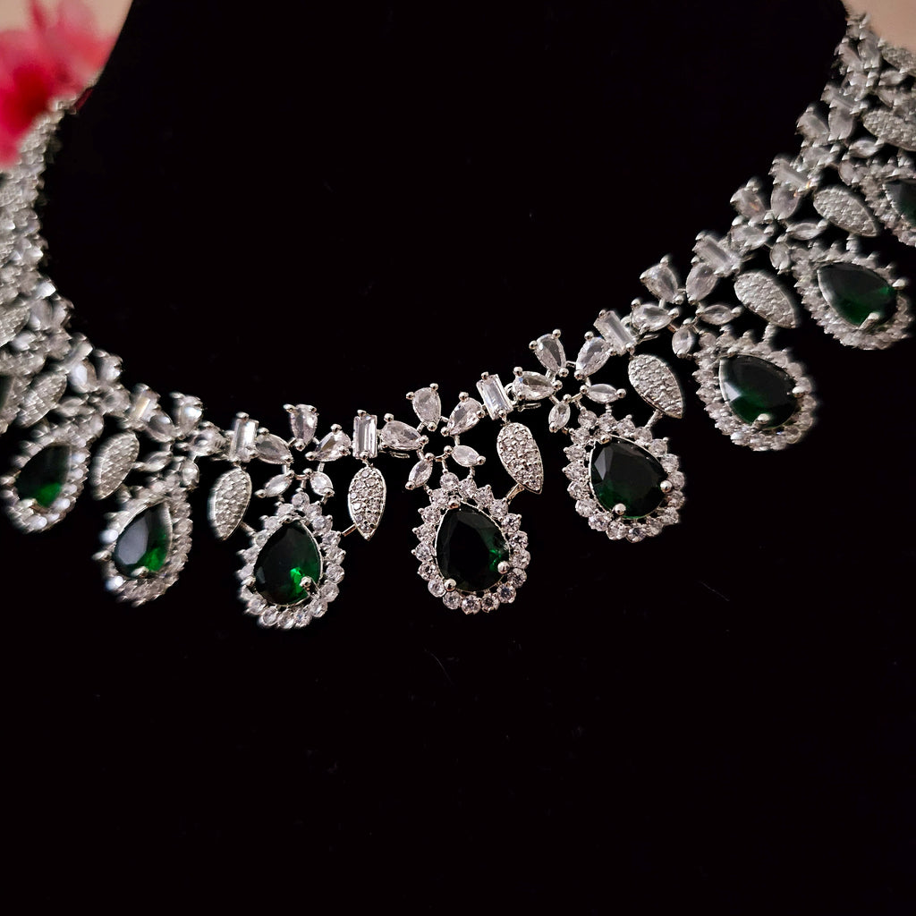 ADNEGR0014 - Emerald Green Silver Plated Faux American Diamond Necklace Set