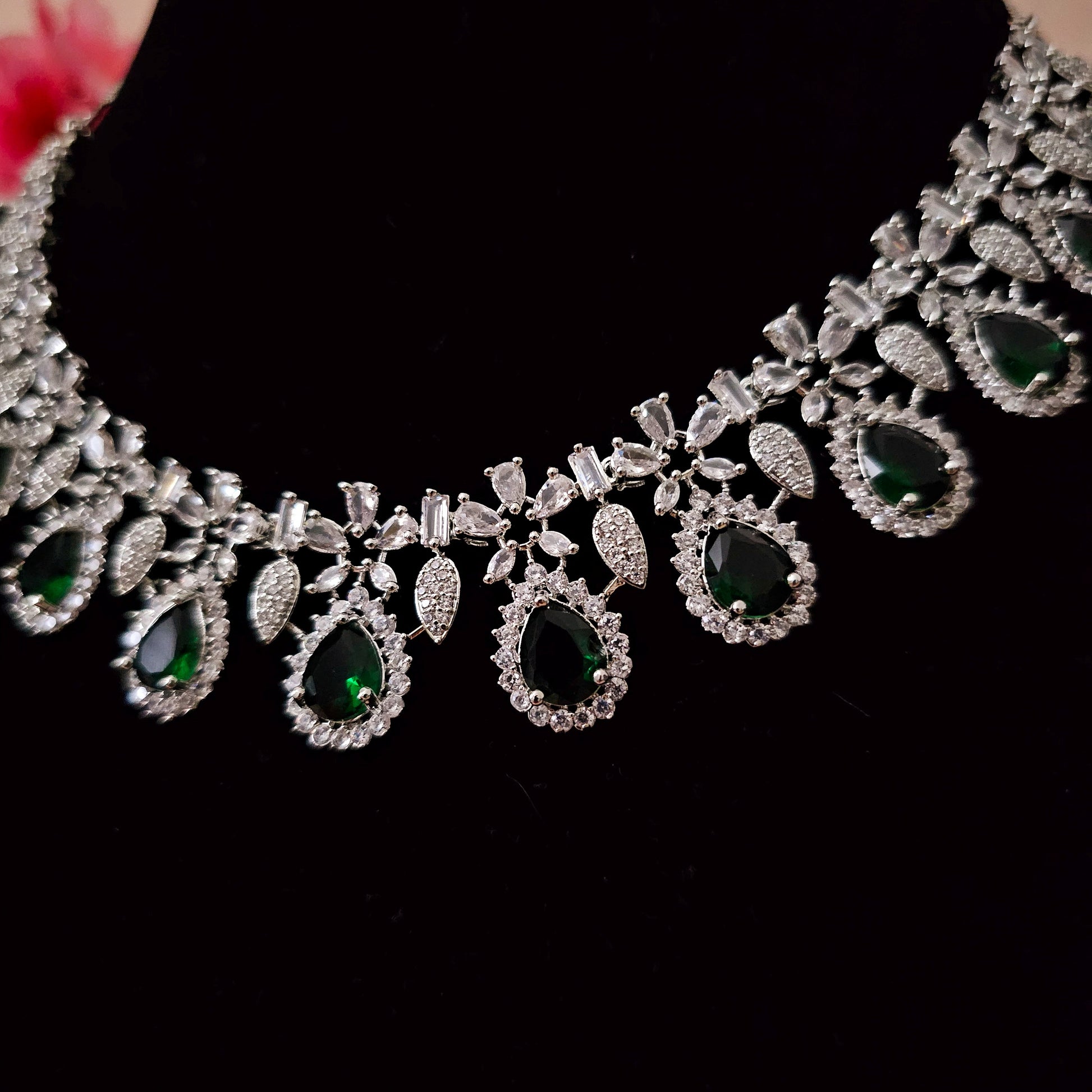 ADNEGR0014 - Emerald Green Silver Plated Faux American Diamond Necklace Set
