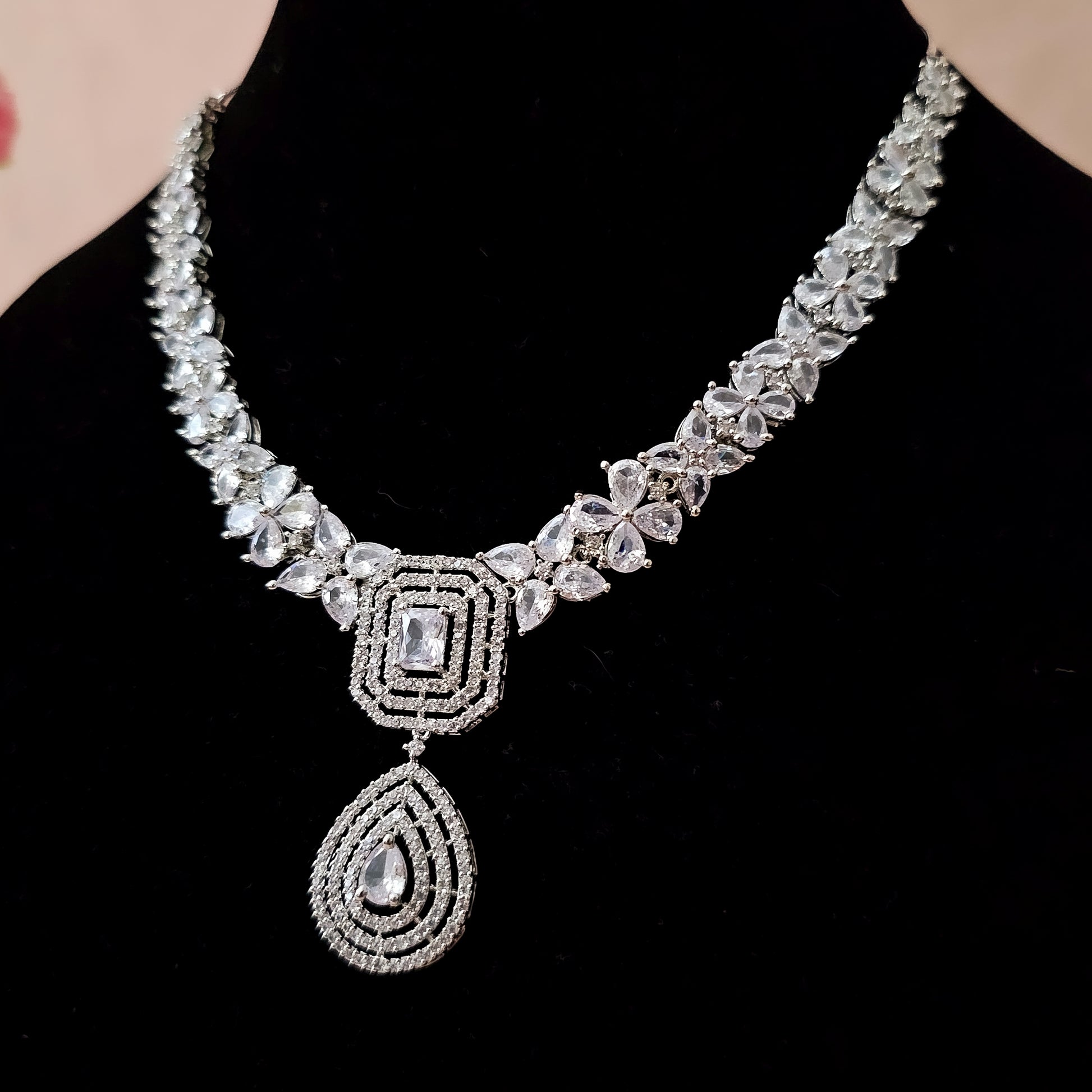 ADNECL0003 - Silver Plated Faux American Diamond Pendant Set