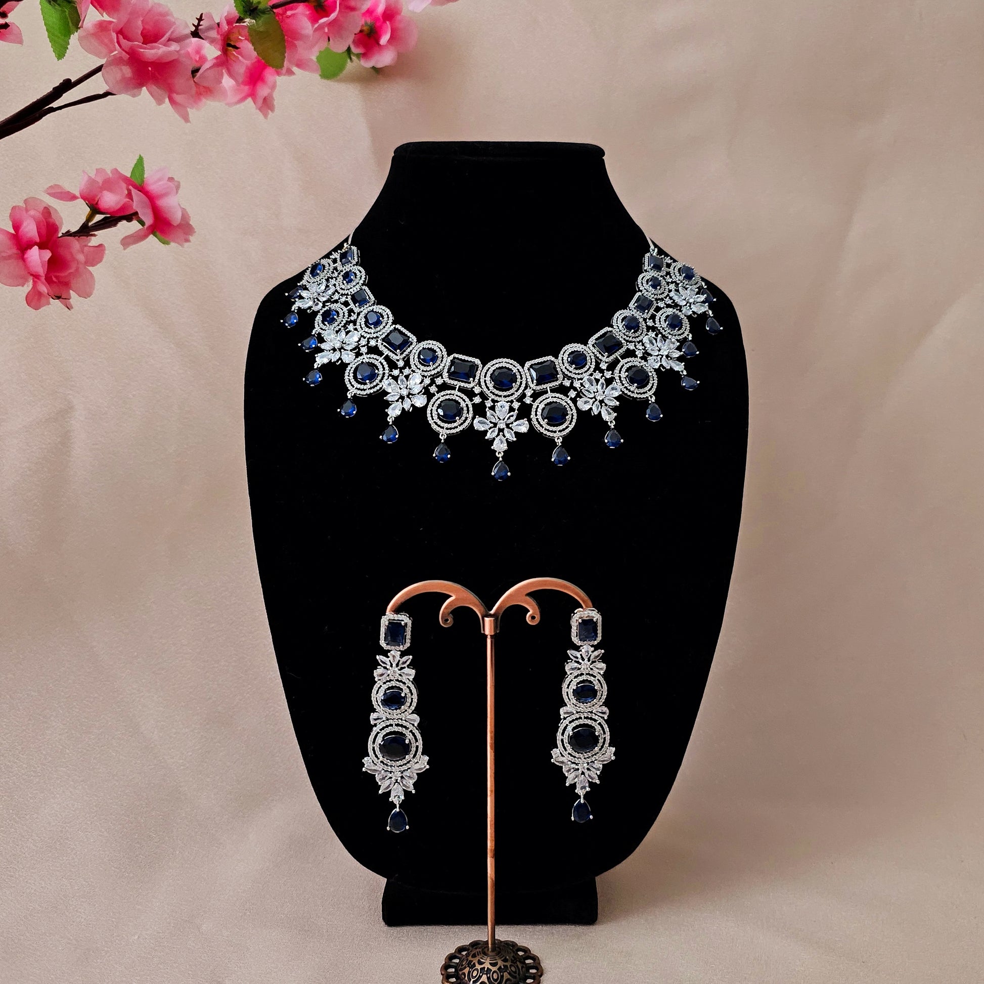 ADNEBL0008 - Royal Blue Silver Plated Faux American Diamond Necklace Set