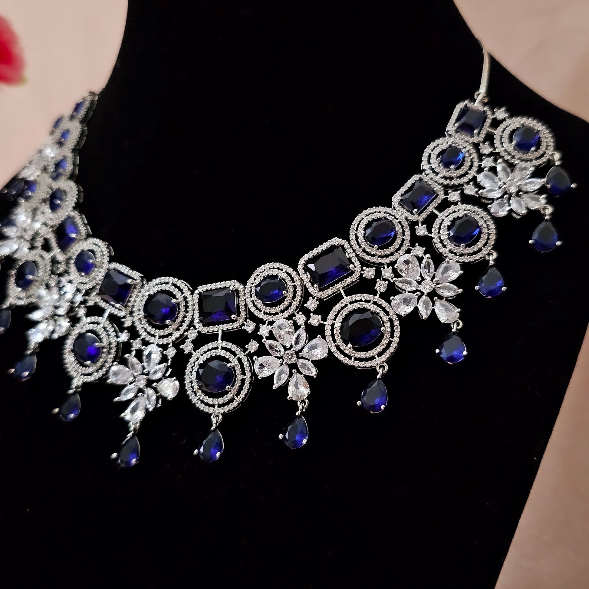 ADNEBL0008 - Royal Blue Silver Plated Faux American Diamond Necklace Set