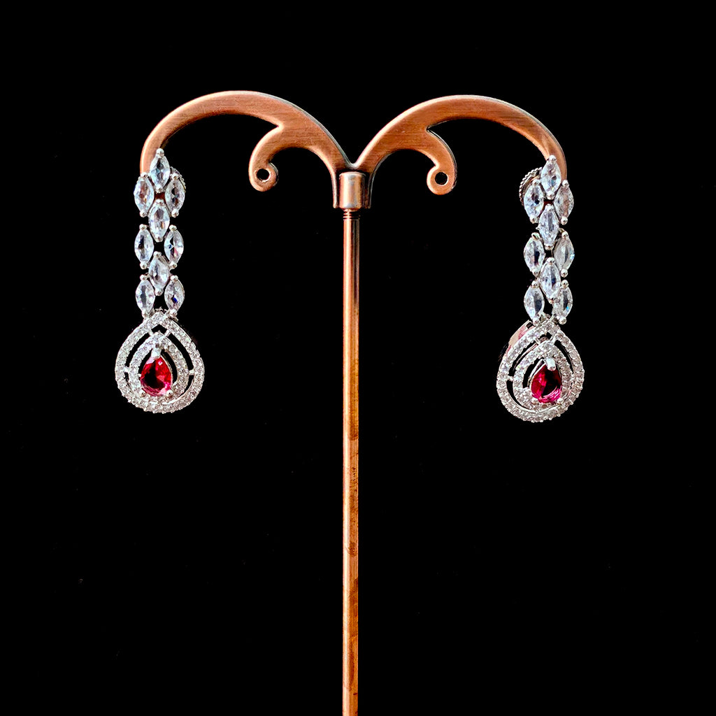 ADNERE0163 - Red Color Silver Plated Faux American Diamond Necklace Set
