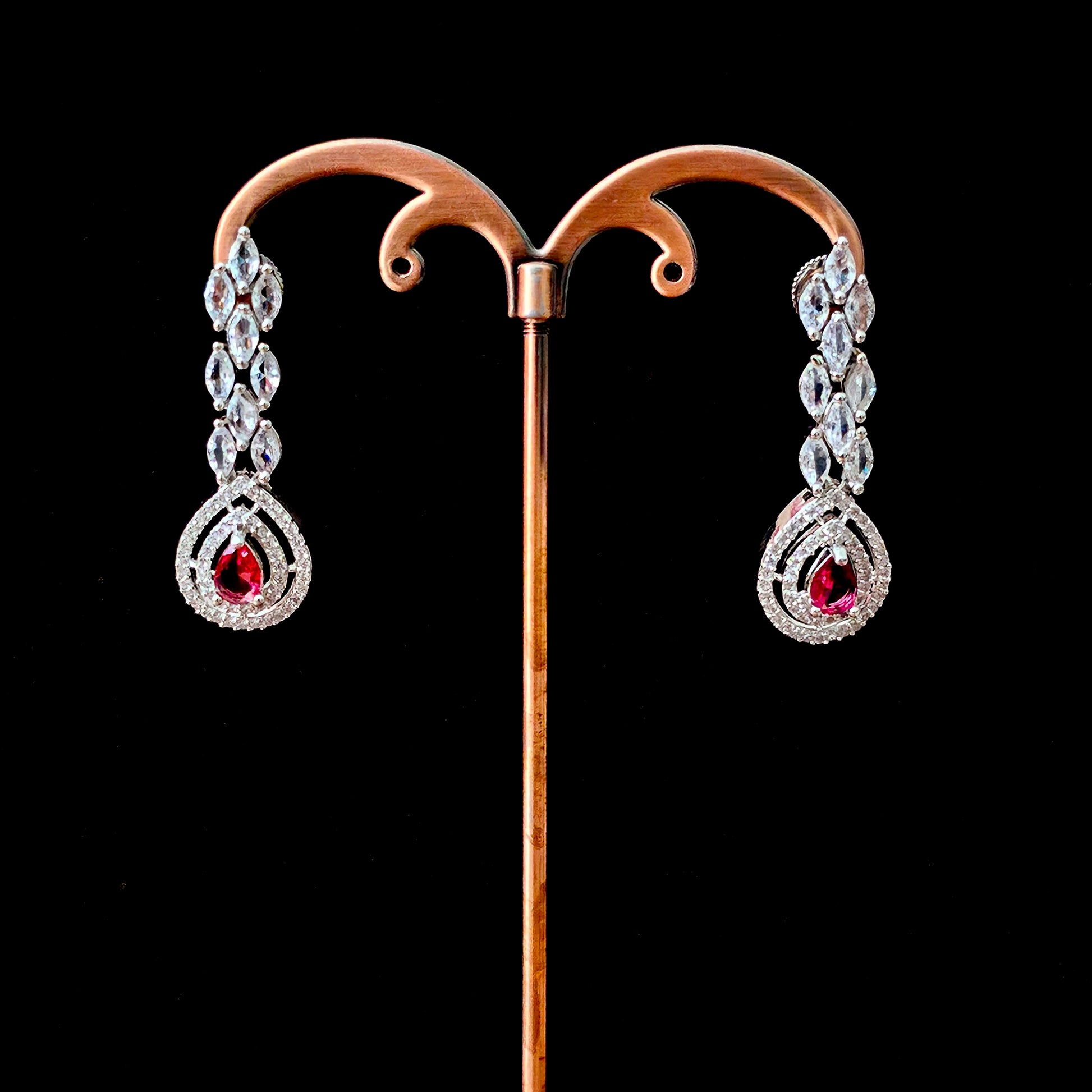 ADNERE0163 - Red Color Silver Plated Faux American Diamond Necklace Set
