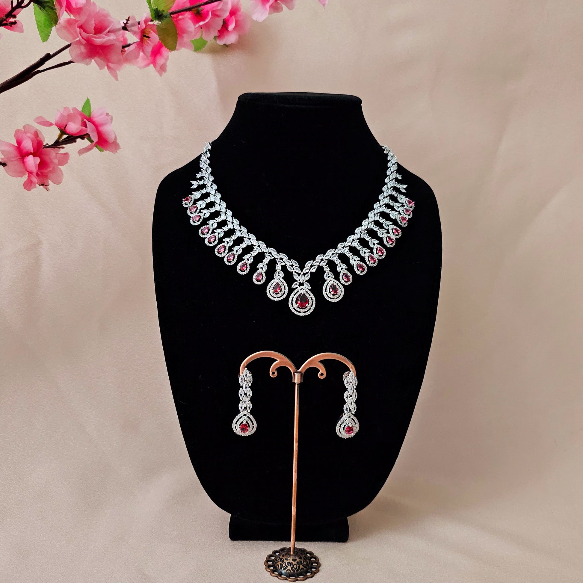 ADNERE0163 - Red Color Silver Plated Faux American Diamond Necklace Set
