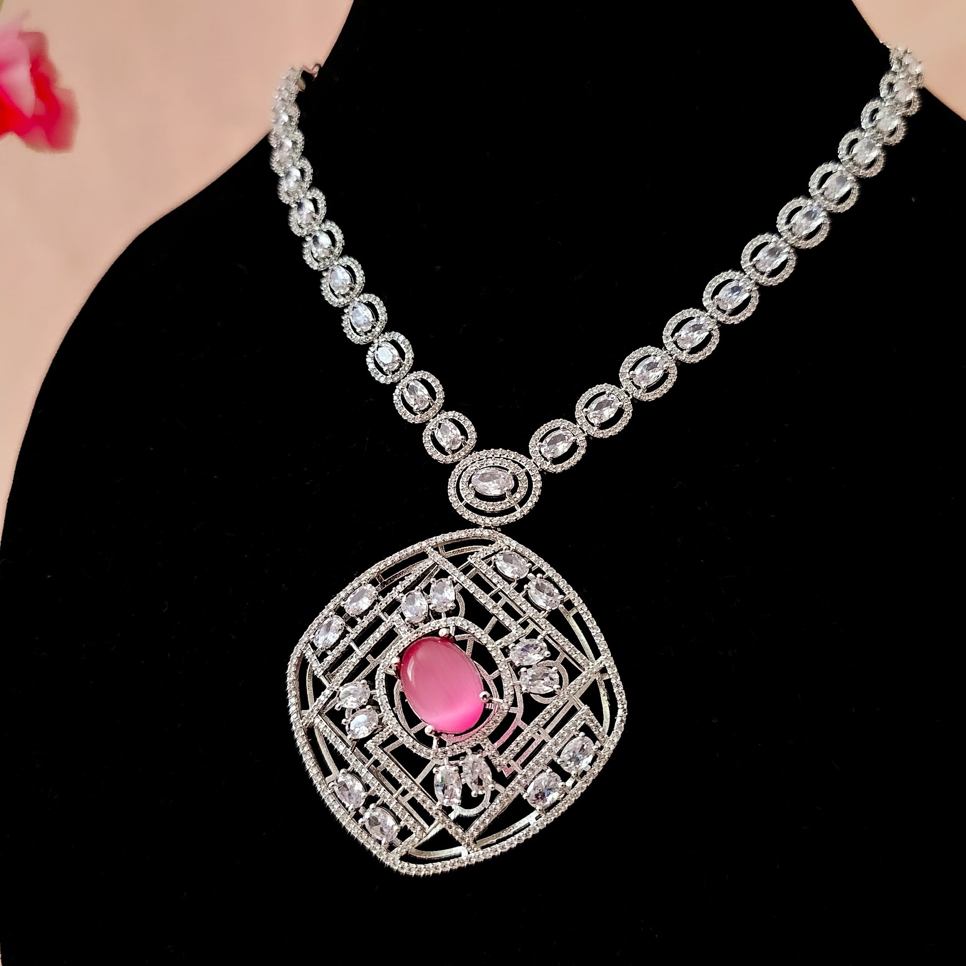 ADNEPI0129 - Silver Plated Faux American Diamond Pendant Set