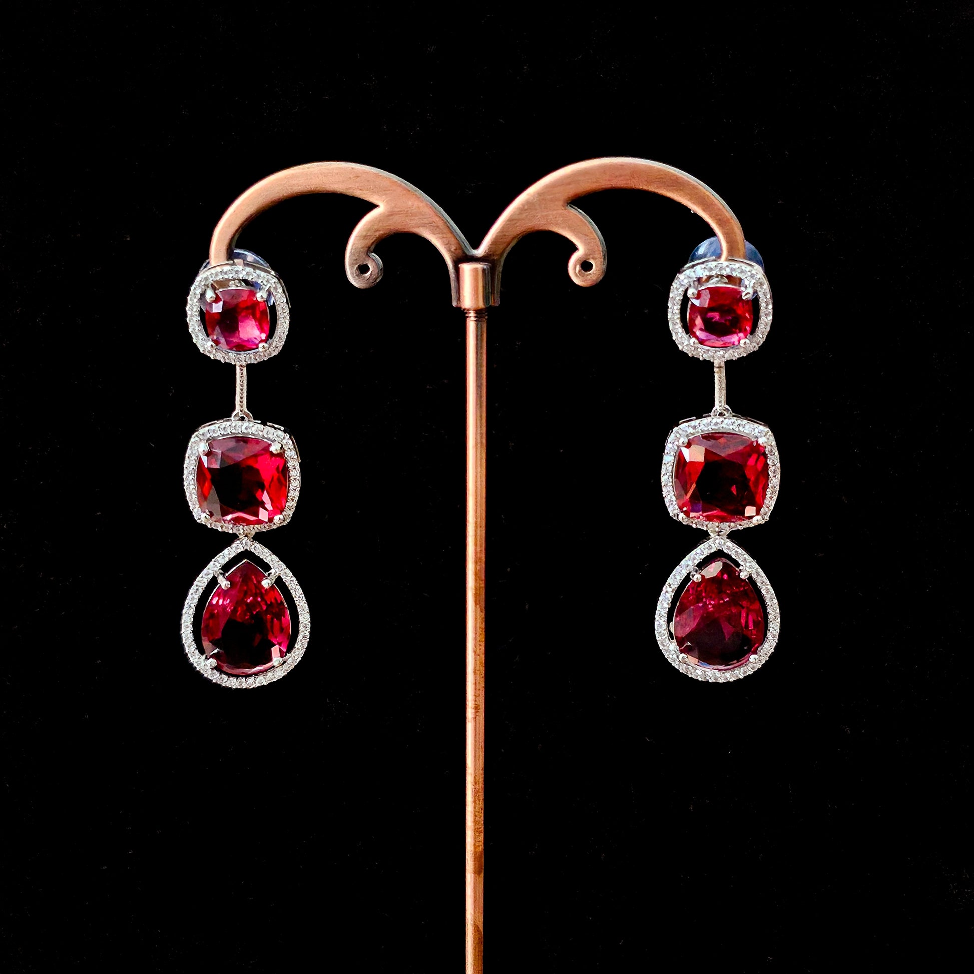 ADNERE0023 - Red Color Silver Plated Faux American Diamond Necklace Set
