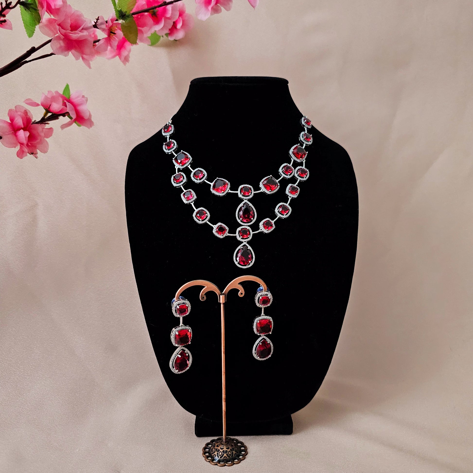 ADNERE0023 - Red Color Silver Plated Faux American Diamond Necklace Set