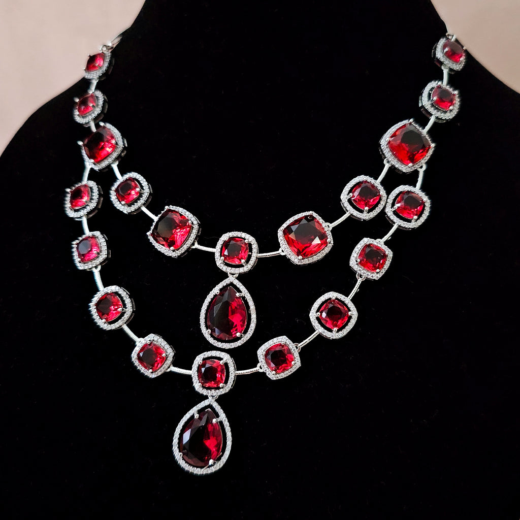 ADNERE0023 - Red Color Silver Plated Faux American Diamond Necklace Set