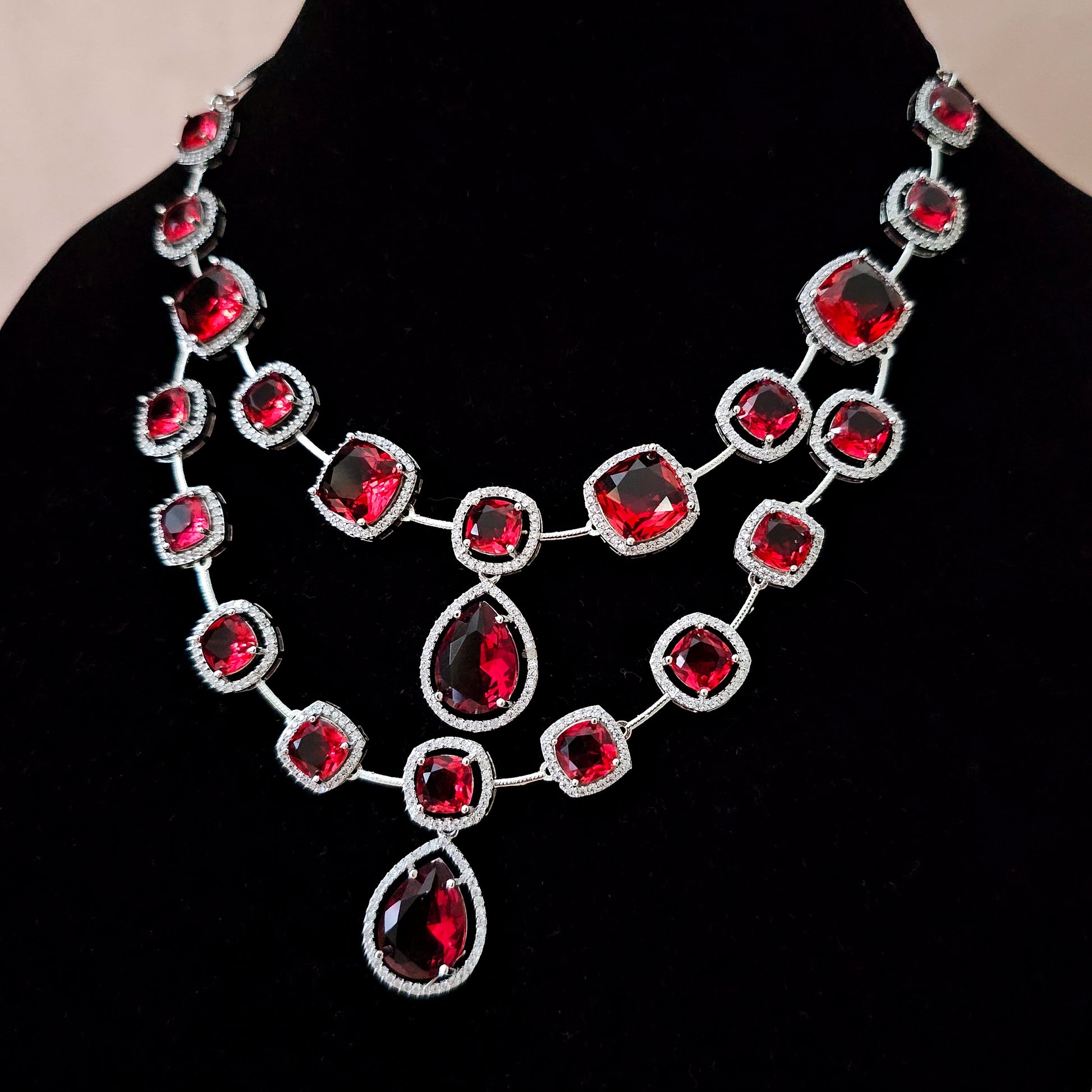 ADNERE0023 - Red Color Silver Plated Faux American Diamond Necklace Set