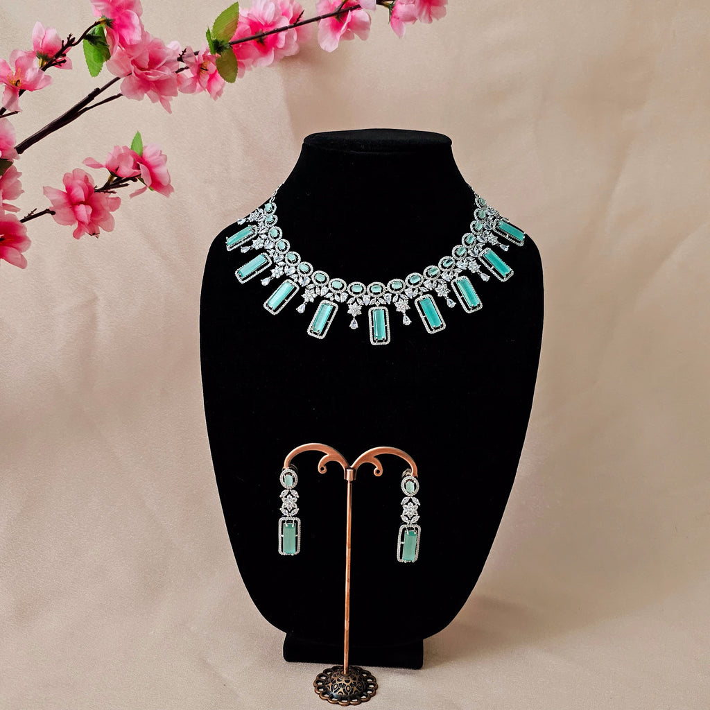 ADNEMI0128 - Mint Color Silver Plated Faux American Diamond Necklace Set