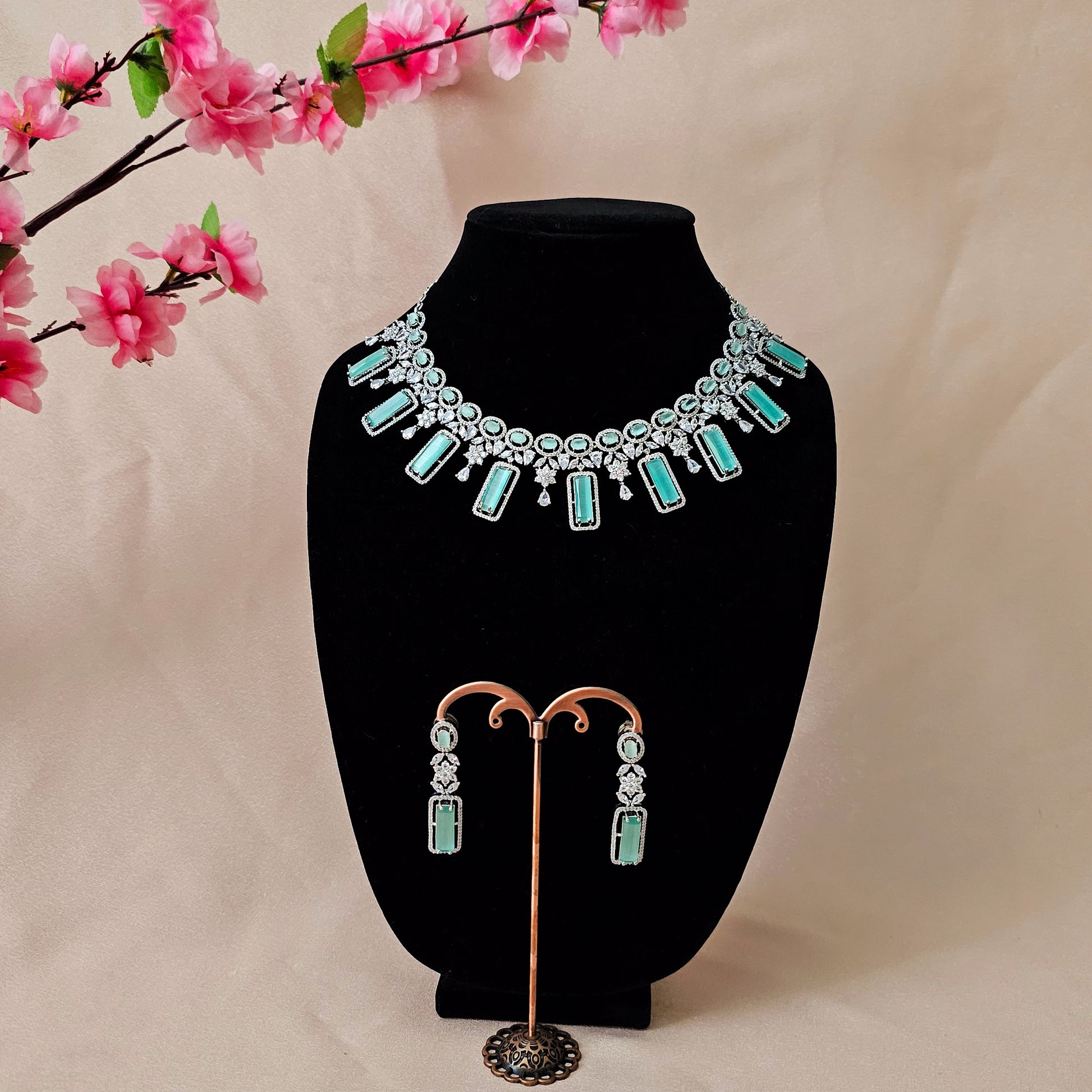 ADNEMI0128 - Mint Color Silver Plated Faux American Diamond Necklace Set