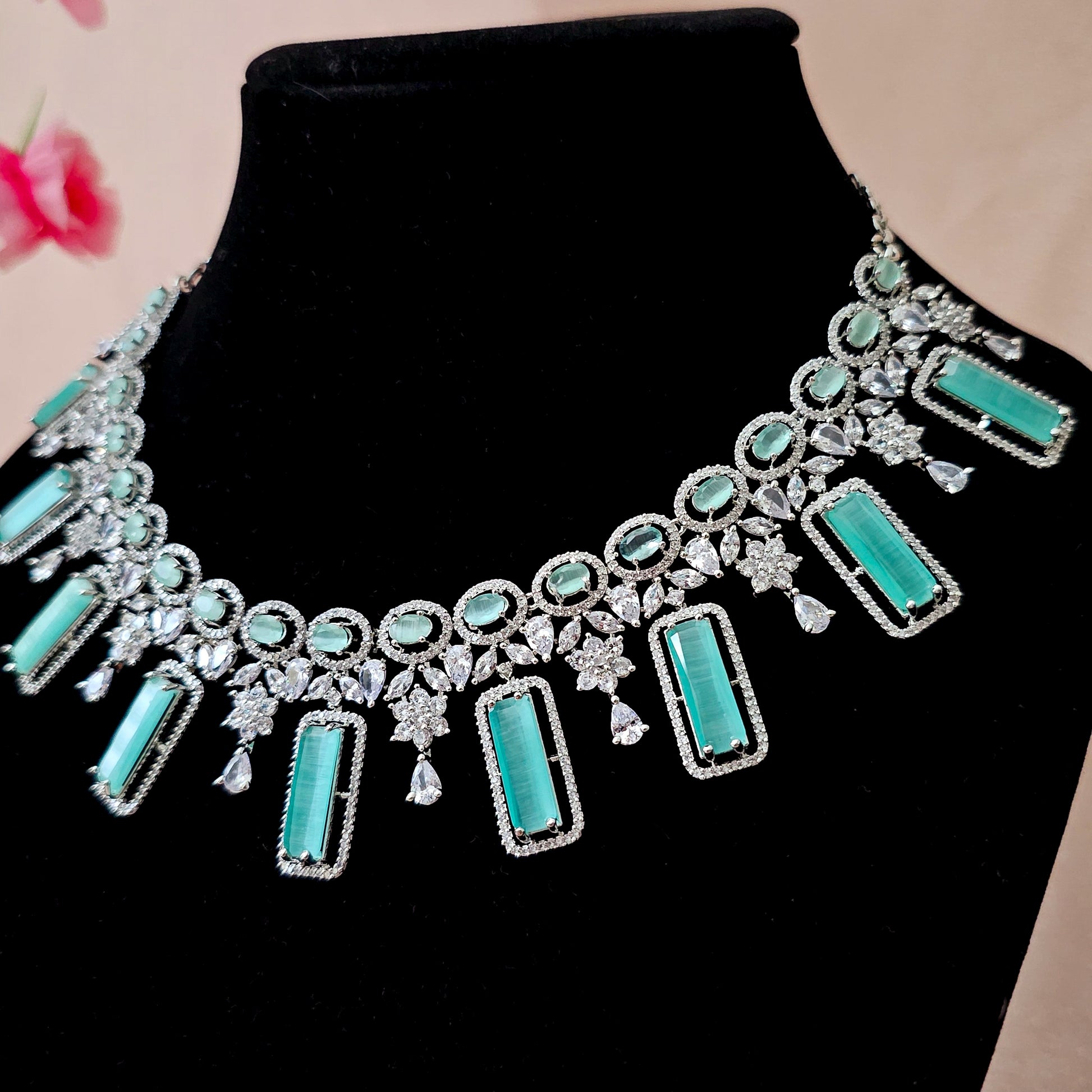 ADNEMI0128 - Mint Color Silver Plated Faux American Diamond Necklace Set