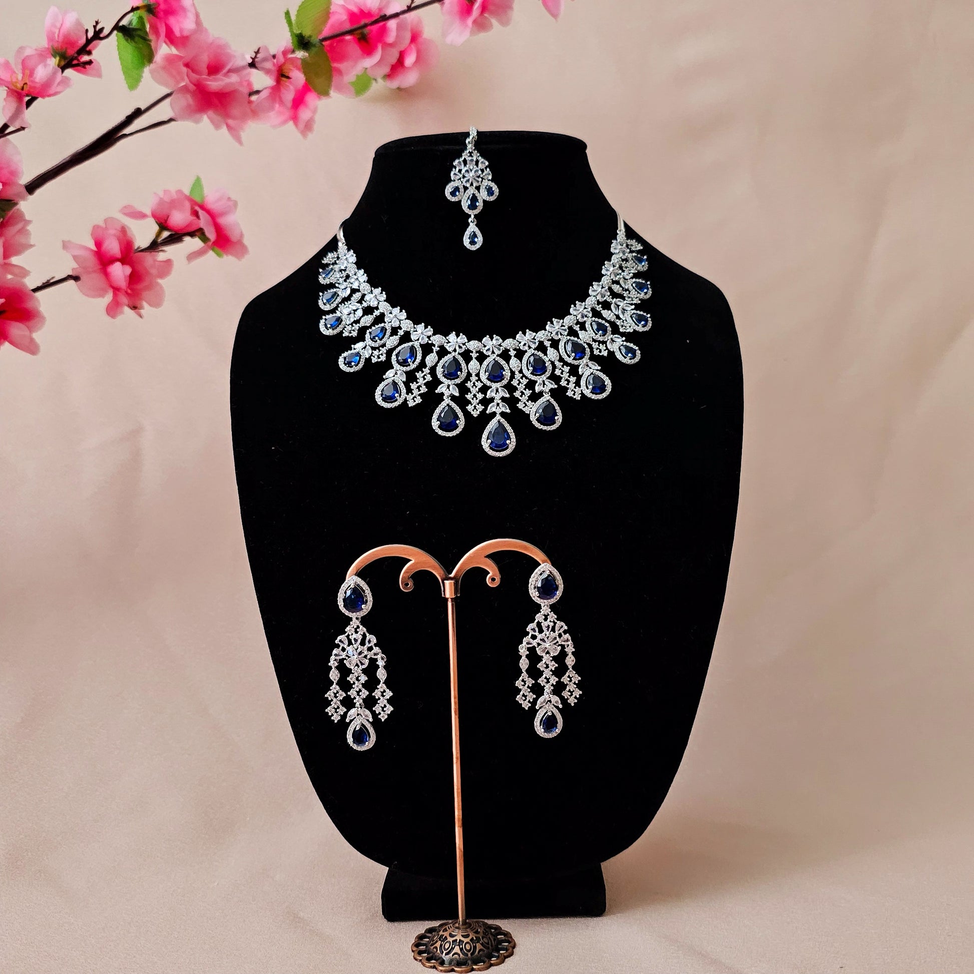 ADNEBL0007 - Royal Blue Silver Plated Faux American Diamond Necklace Set