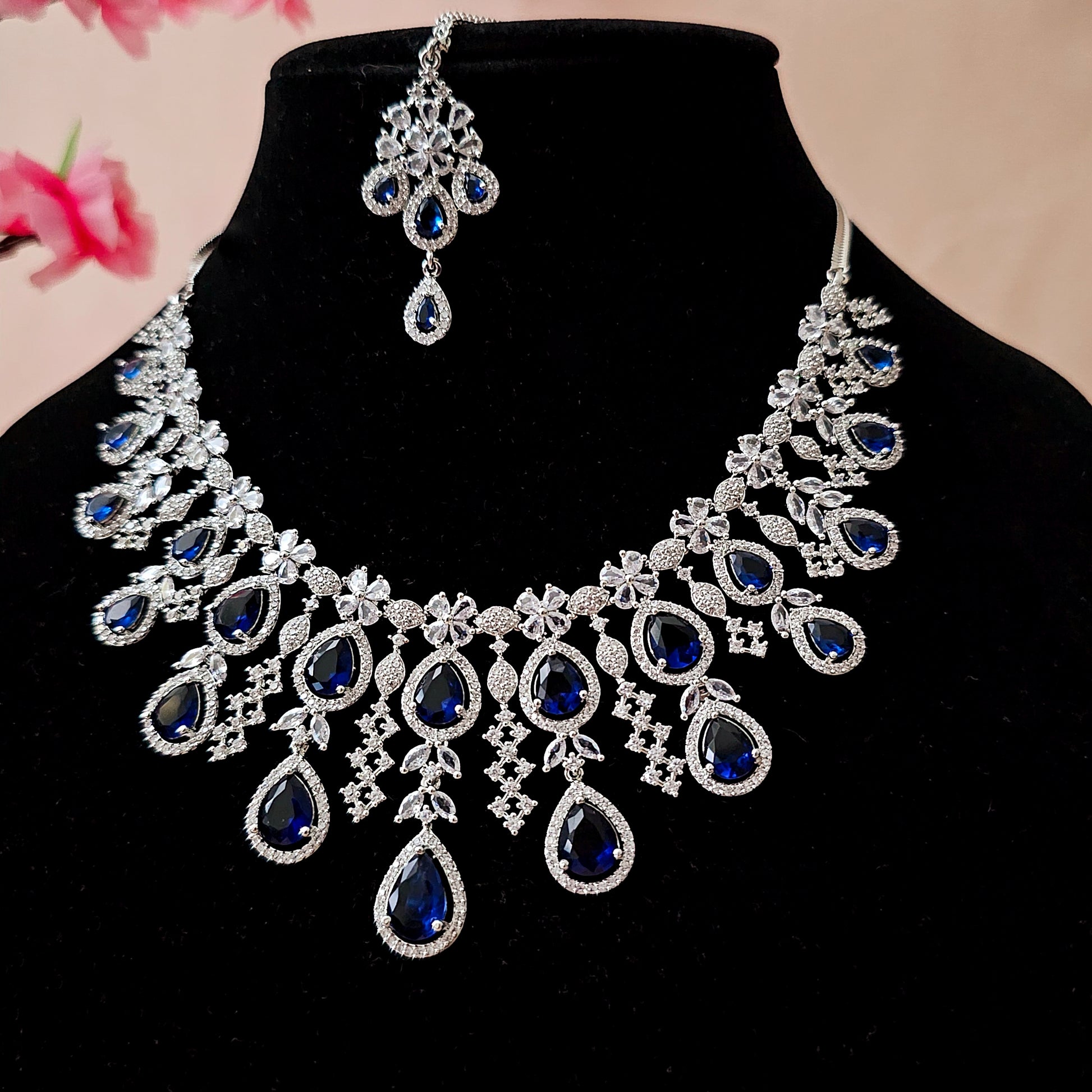 ADNEBL0007 - Royal Blue Silver Plated Faux American Diamond Necklace Set