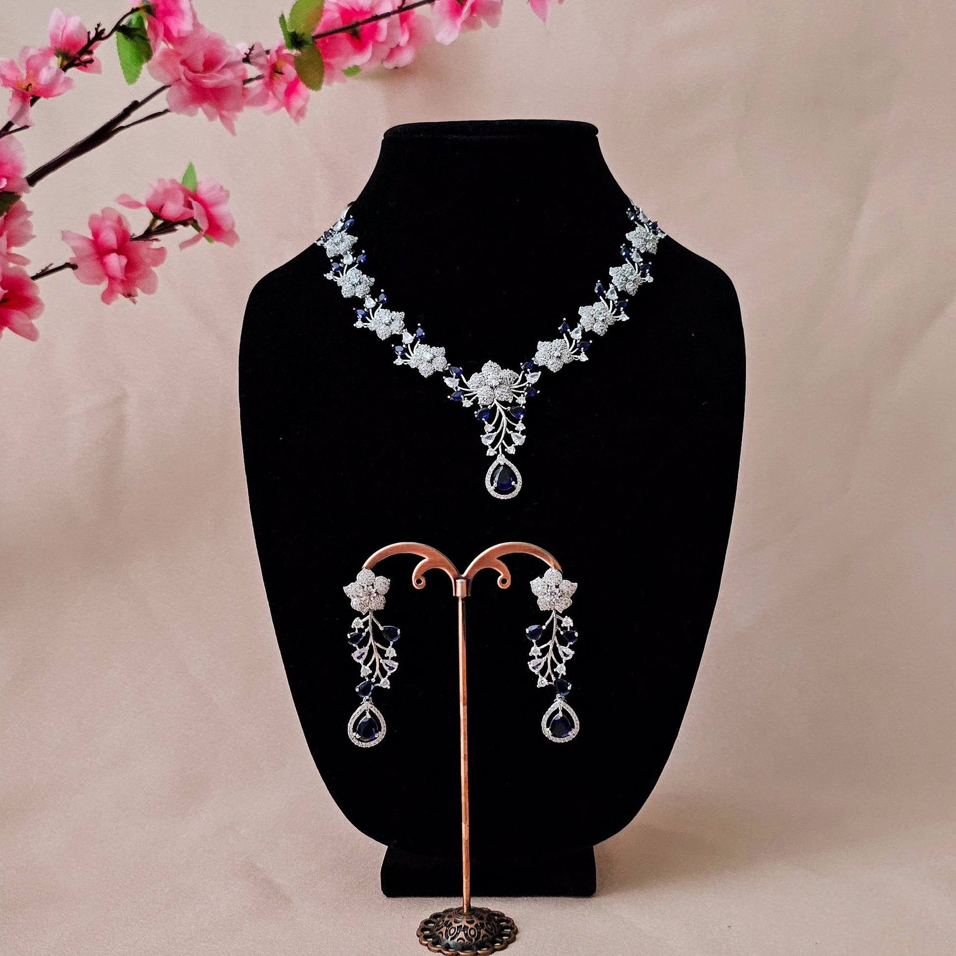 ADNEBL0002 - Royal Blue Silver Plated Faux American Diamond Pendant Set