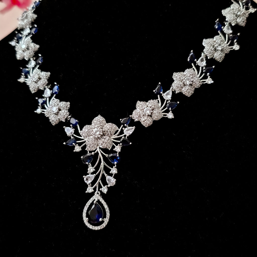 ADNEBL0002 - Royal Blue Silver Plated Faux American Diamond Pendant Set