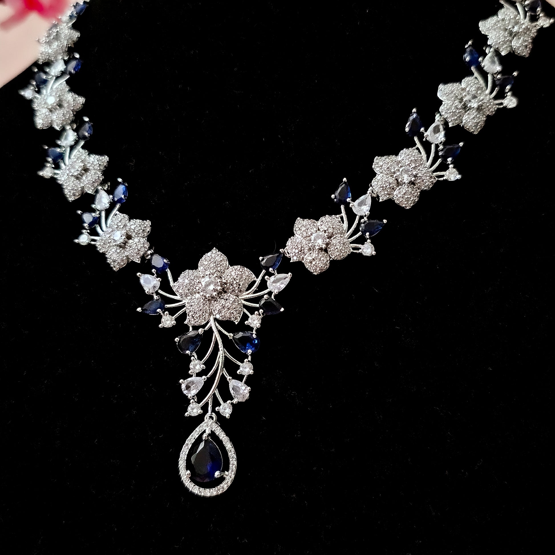 ADNEBL0002 - Royal Blue Silver Plated Faux American Diamond Pendant Set