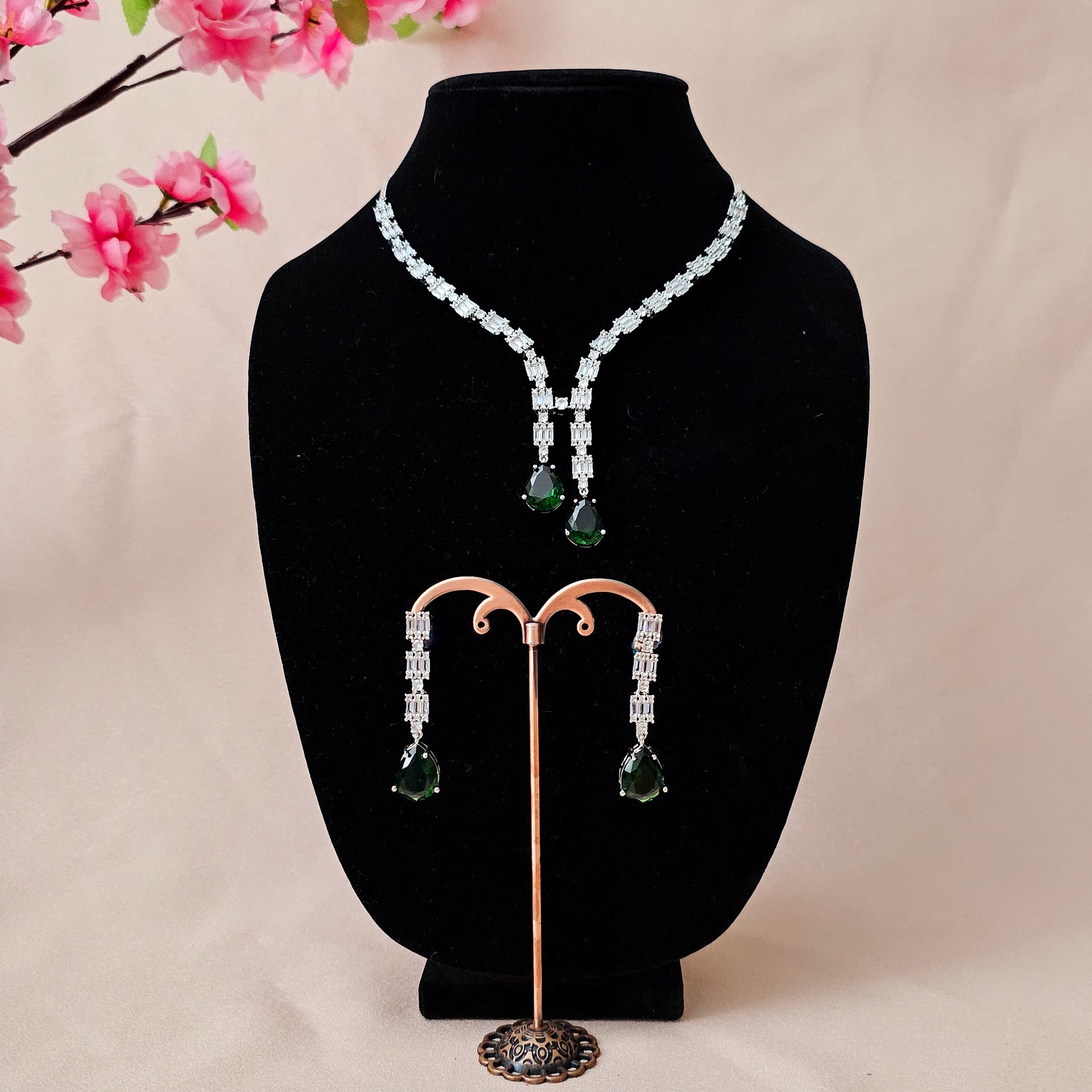 ADNEGR0013 - Emerald Green Silver Plated American Diamond Pendant Set