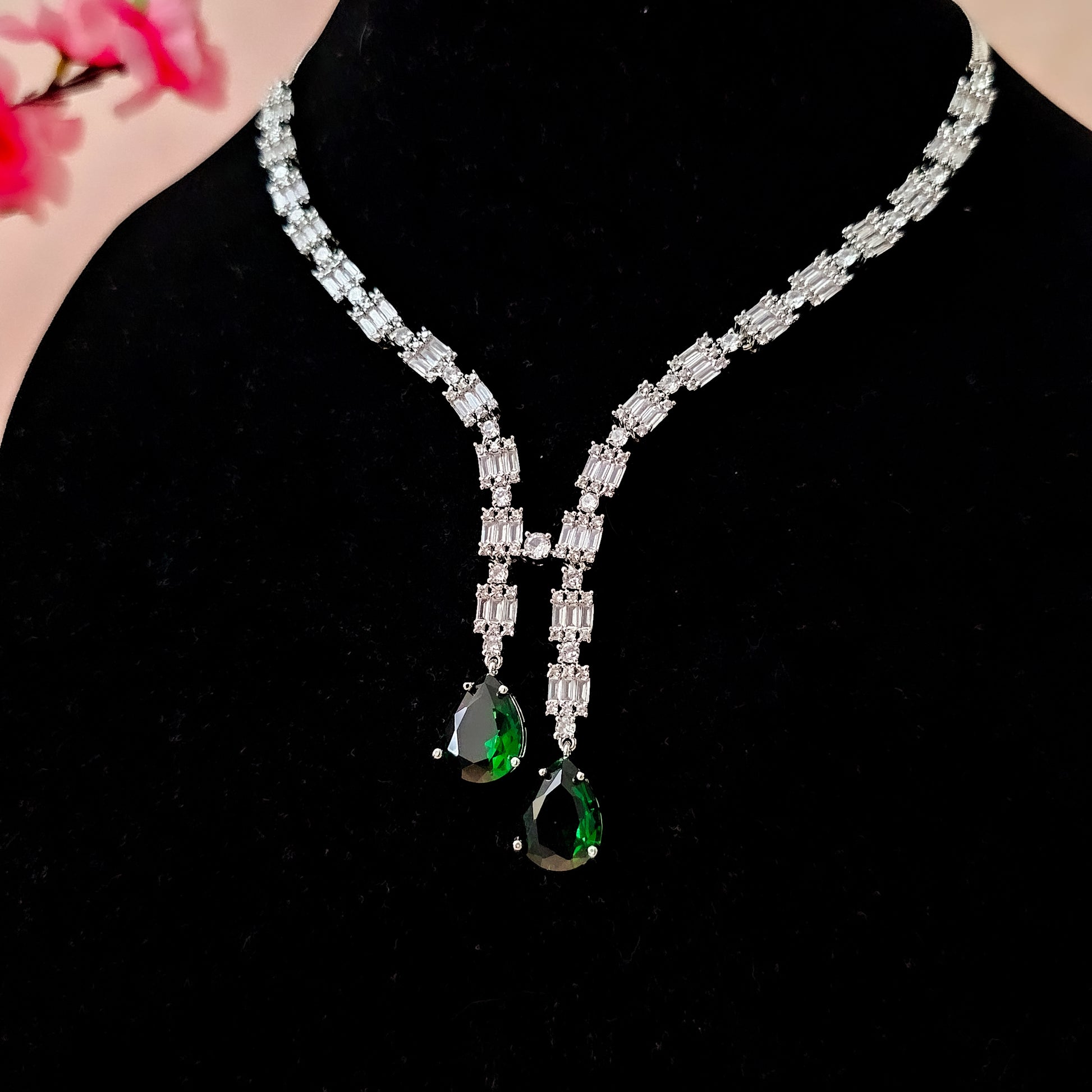 ADNEGR0013 - Emerald Green Silver Plated American Diamond Pendant Set