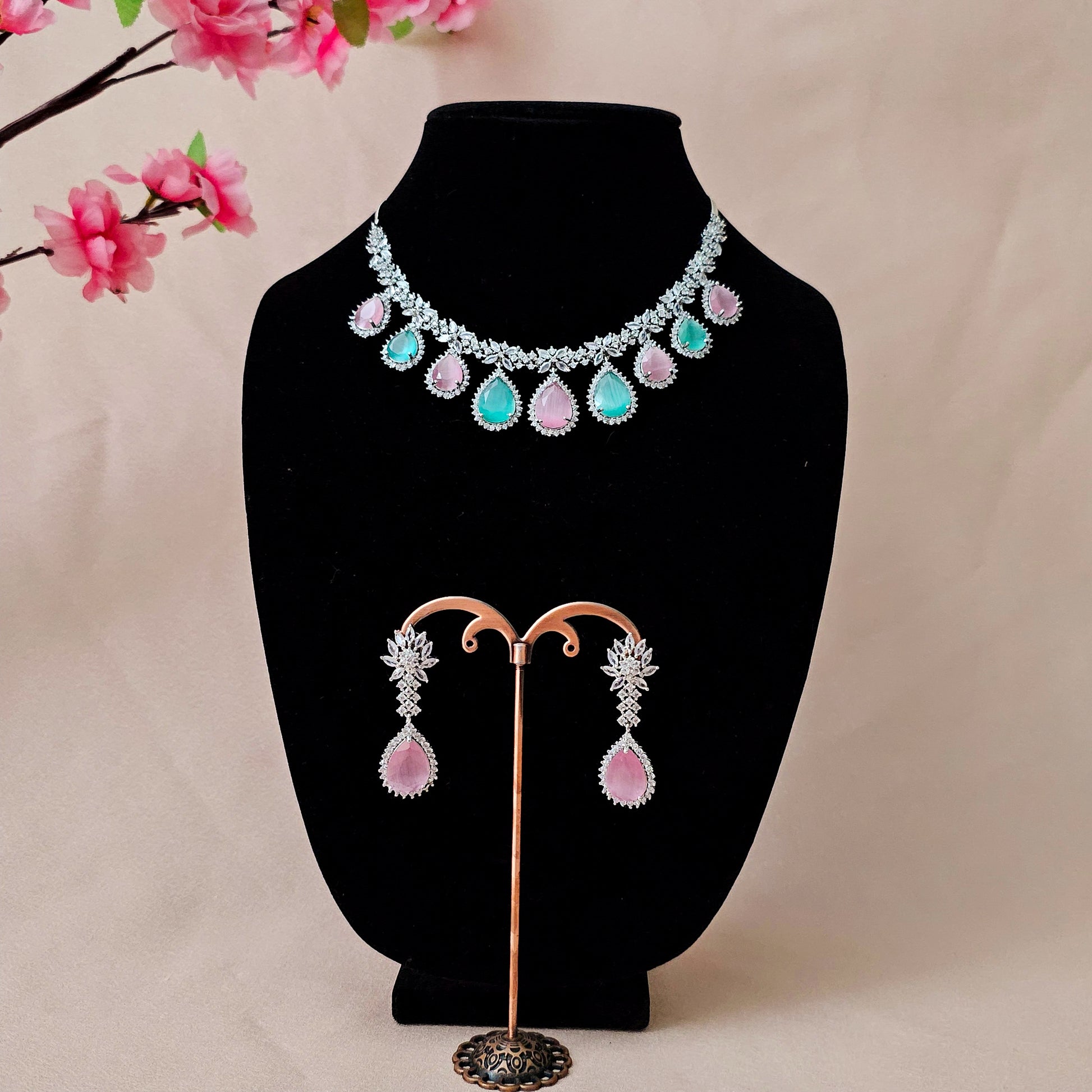 ADNEMP0018 -Mint and Pink Color Silver Plated Faux American Diamond Necklace Set