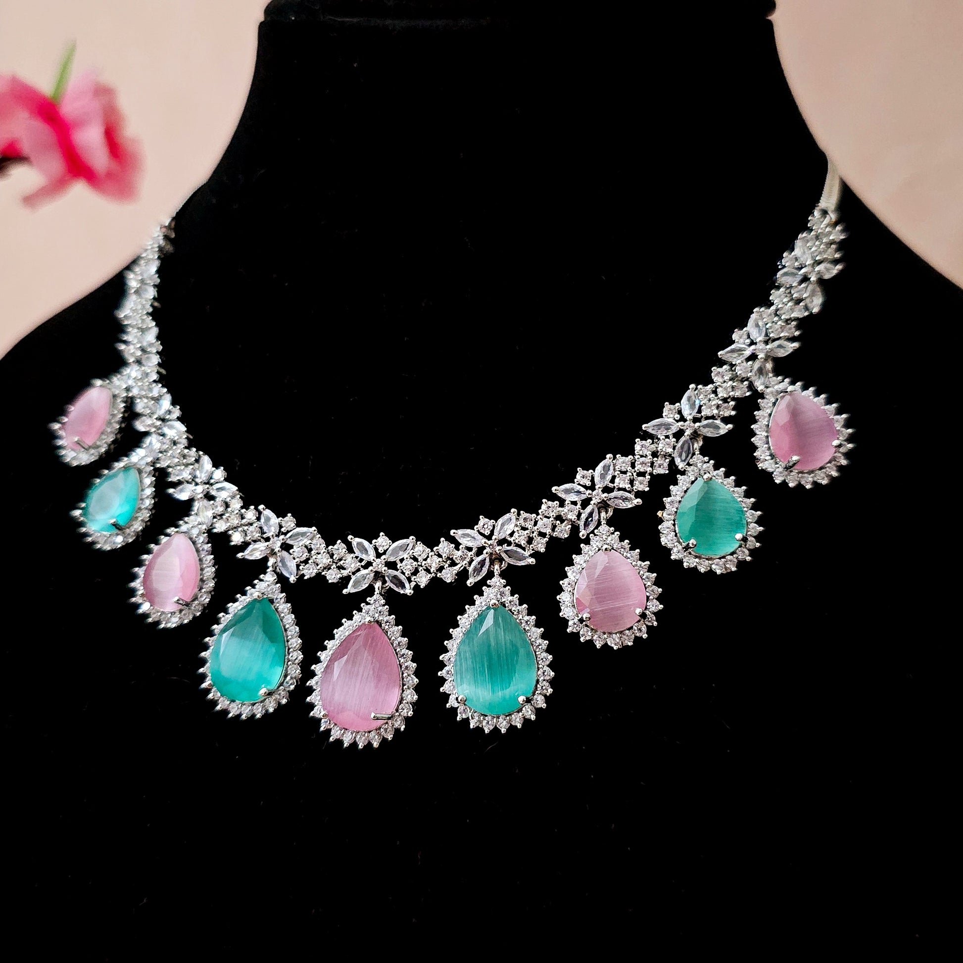 ADNEMP0018 -Mint and Pink Color Silver Plated Faux American Diamond Necklace Set