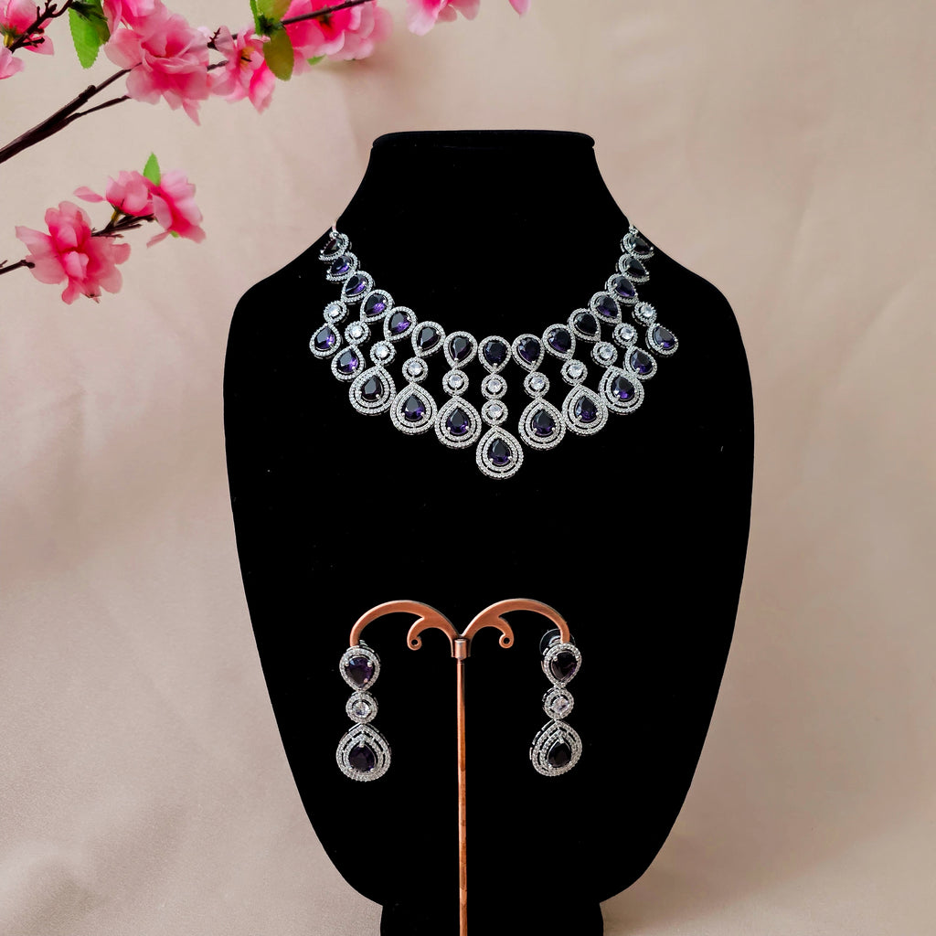 ADNEPU0020 - Purple Color Silver Plated American Diamond Necklace Set