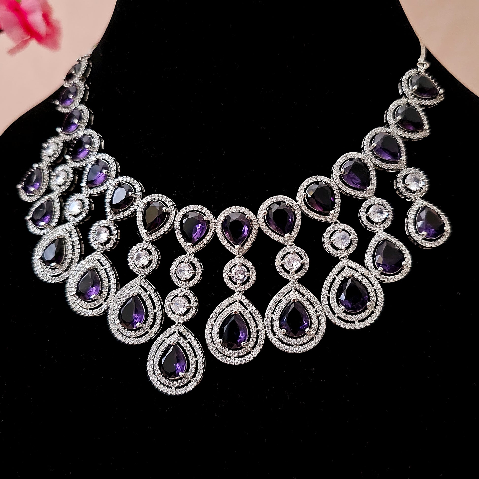 ADNEPU0020 - Purple Color Silver Plated American Diamond Necklace Set