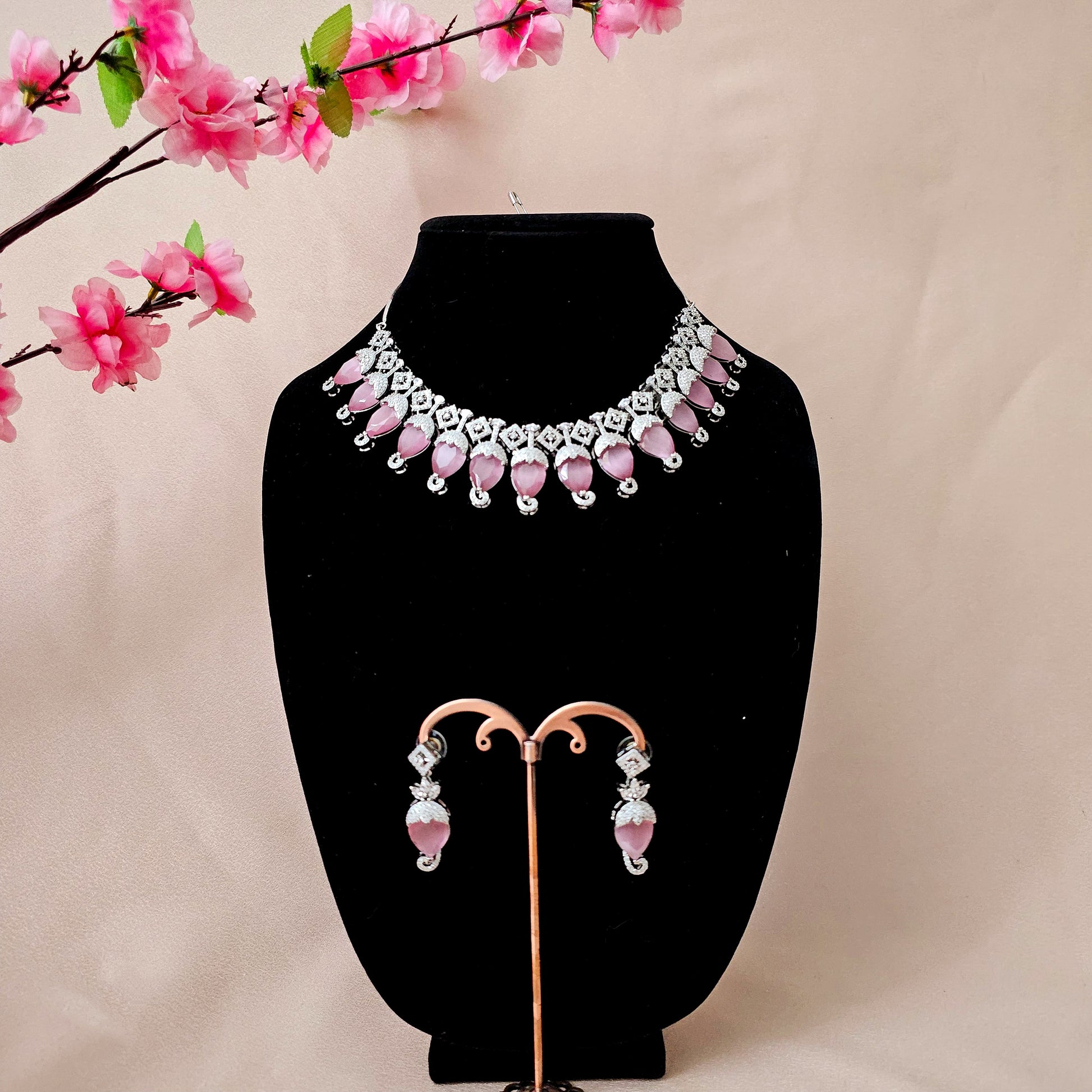 ADNEPI0127 - Pink Color Silver Plated Faux American Diamond Necklace Set