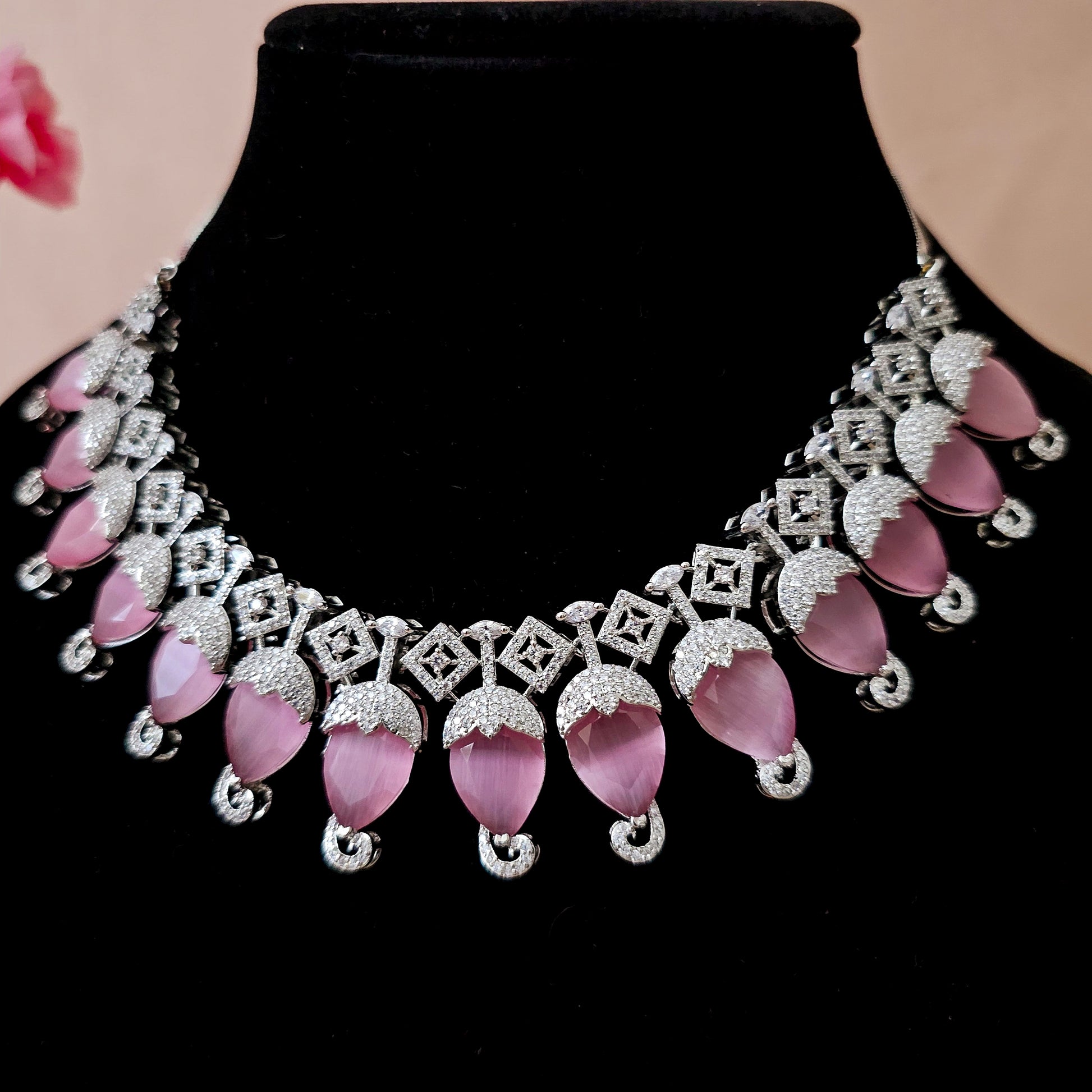 ADNEPI0127 - Pink Color Silver Plated Faux American Diamond Necklace Set