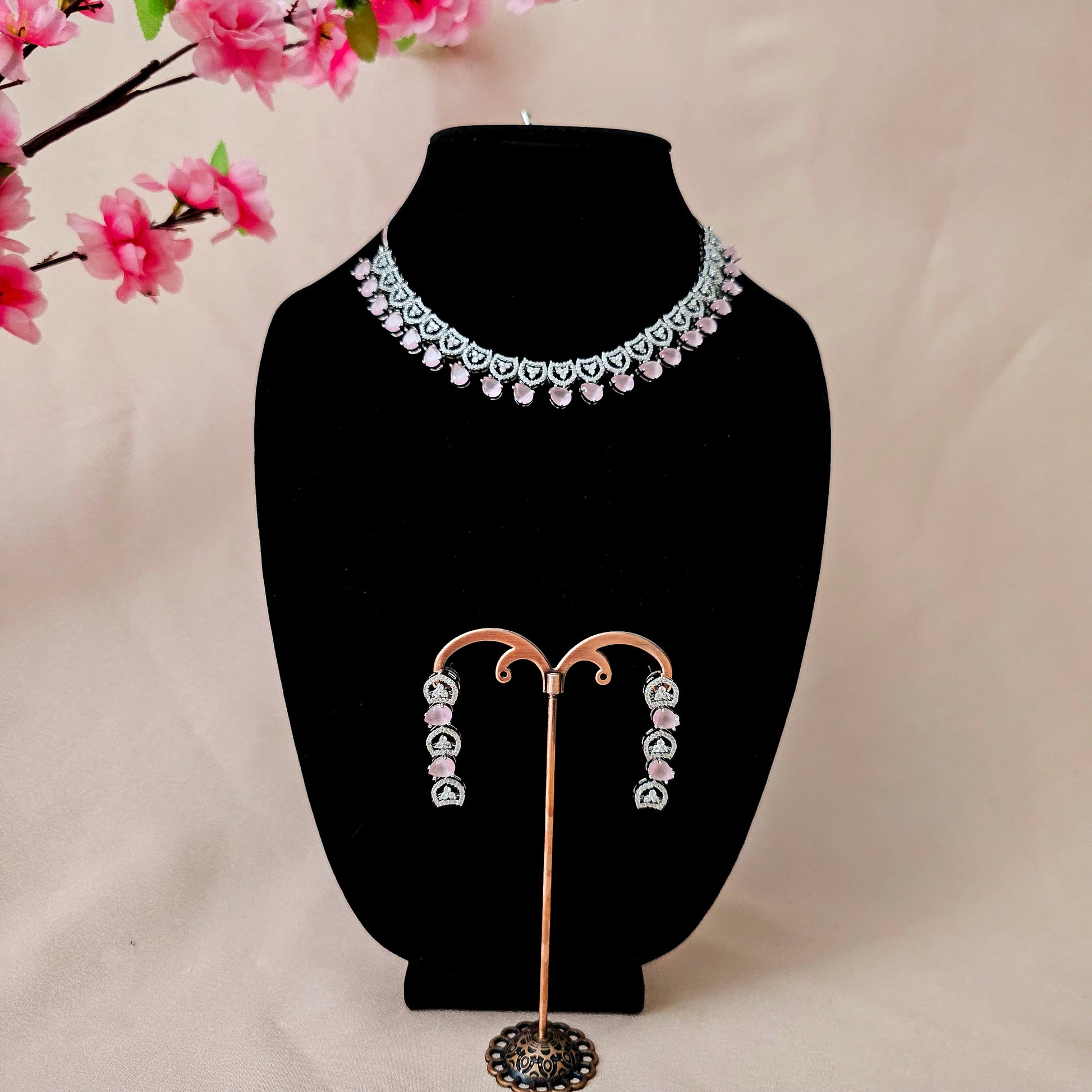 ADNEBP0015 - Pink Color Silver Plated Faux American Diamond Necklace Set