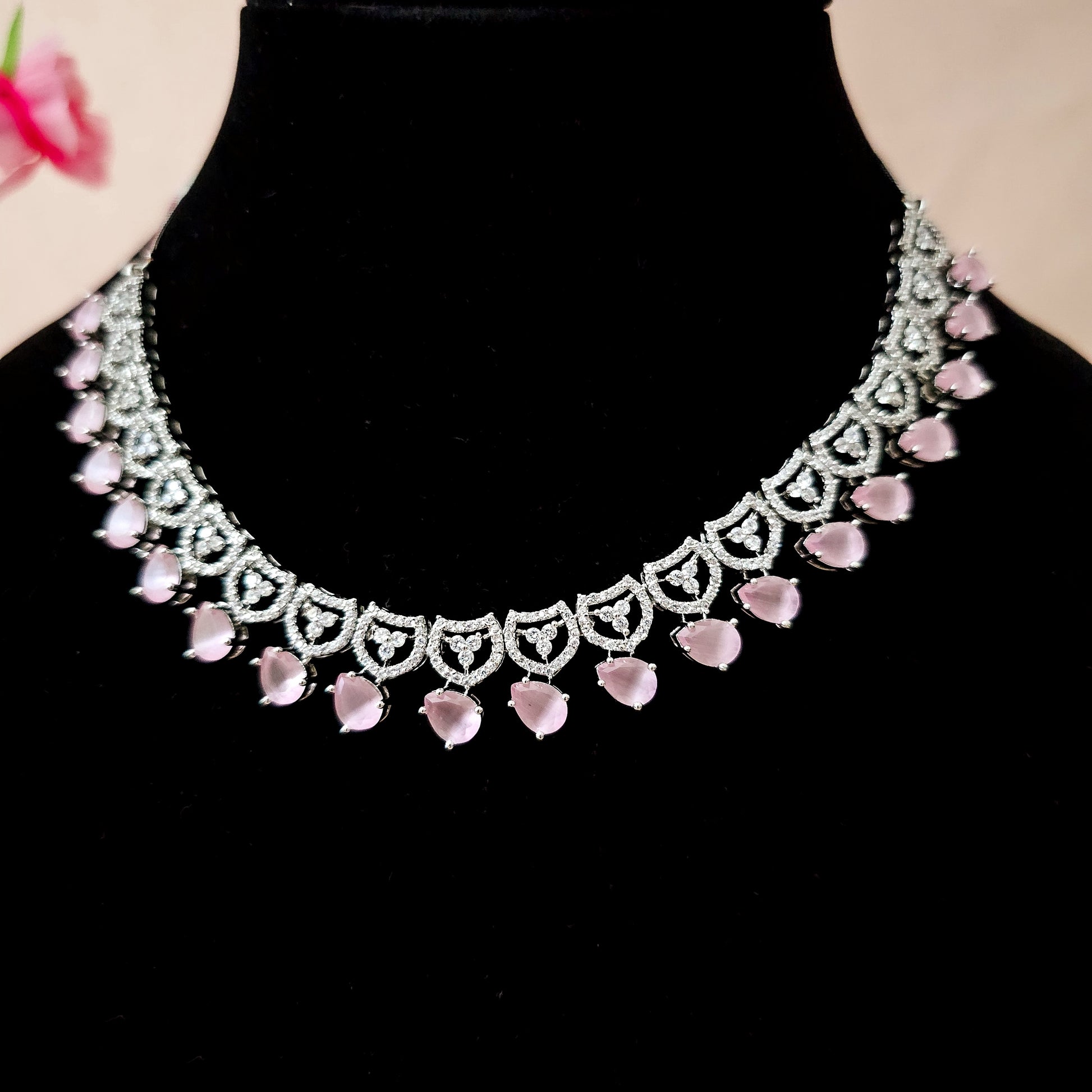 ADNEBP0015 - Pink Color Silver Plated Faux American Diamond Necklace Set