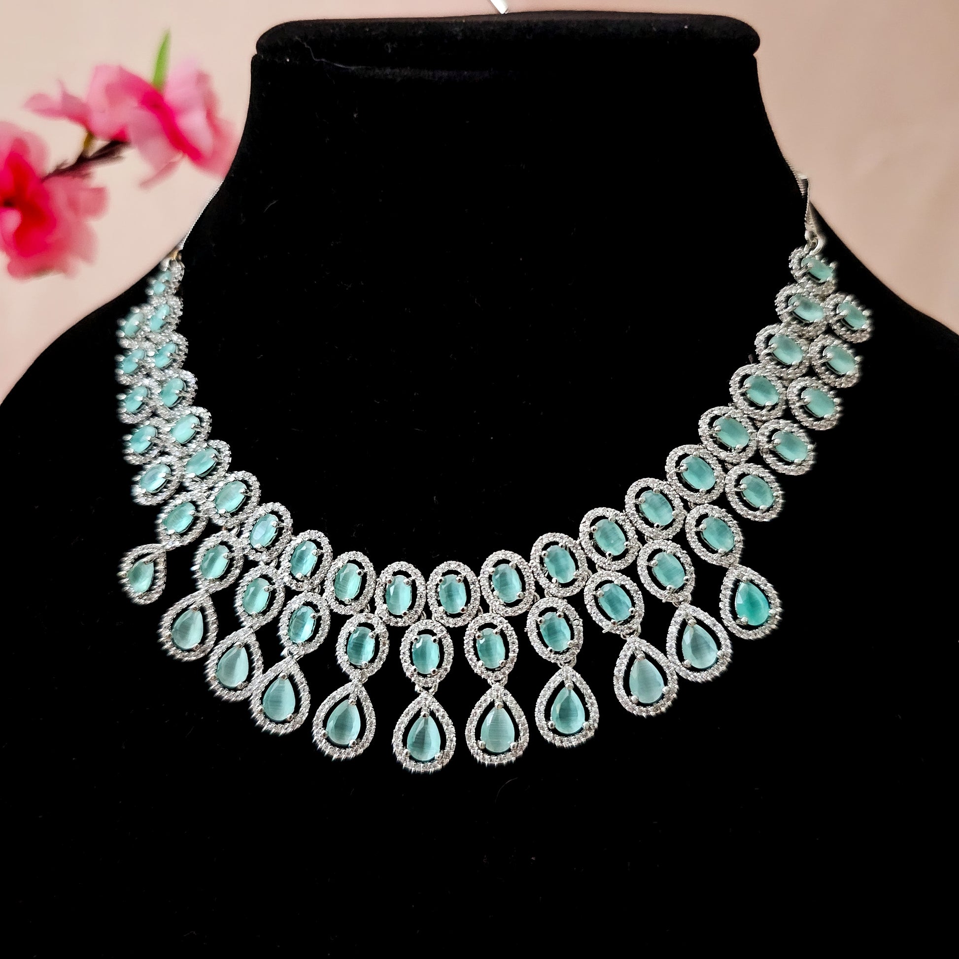 ADNEMI0017 - Mint Color Silver Plated Faux American Diamond Set