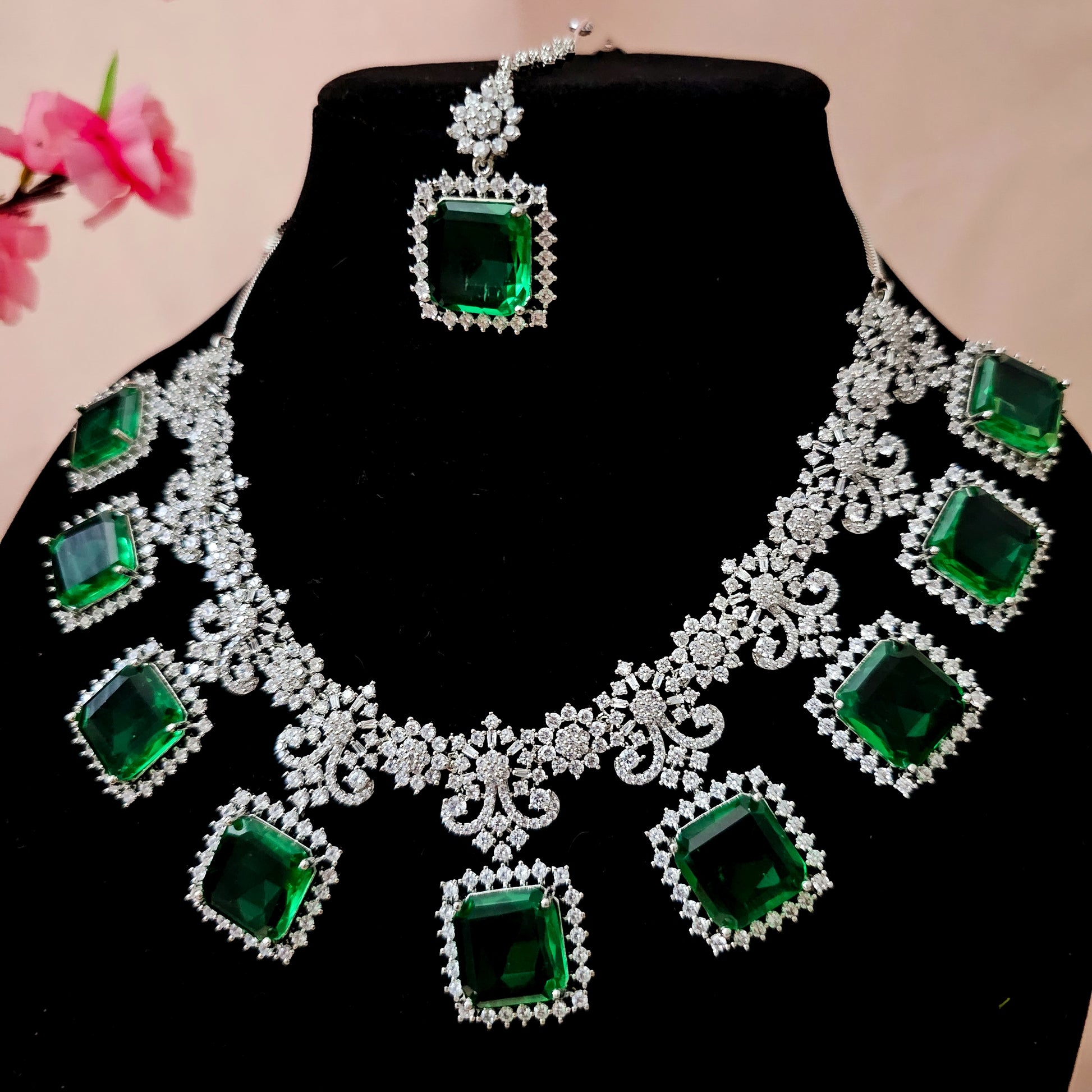 ADNEGR0130 - Green Color Silver Plated Faux American Diamond Necklace Set