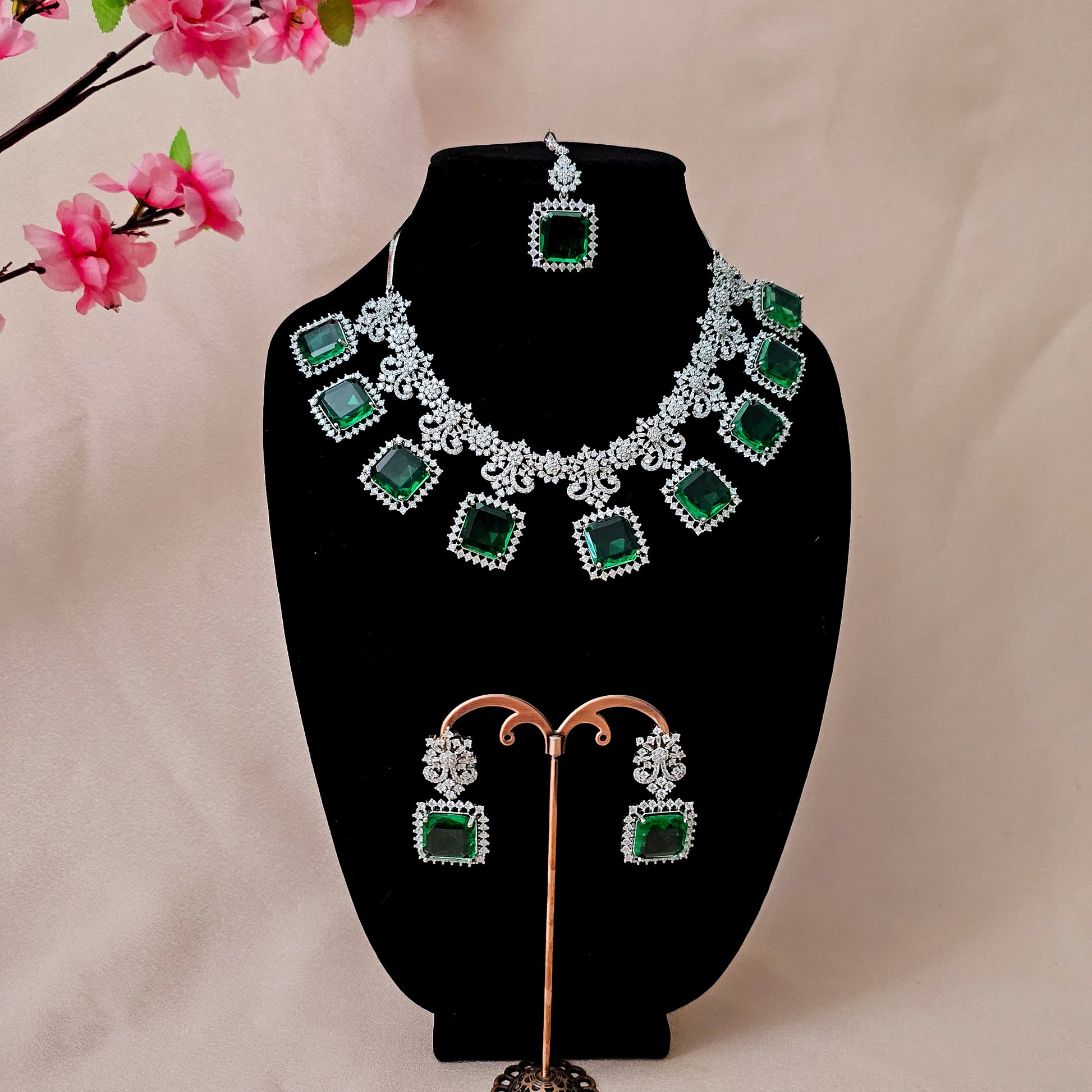 ADNEGR0130 - Green Color Silver Plated Faux American Diamond Necklace Set