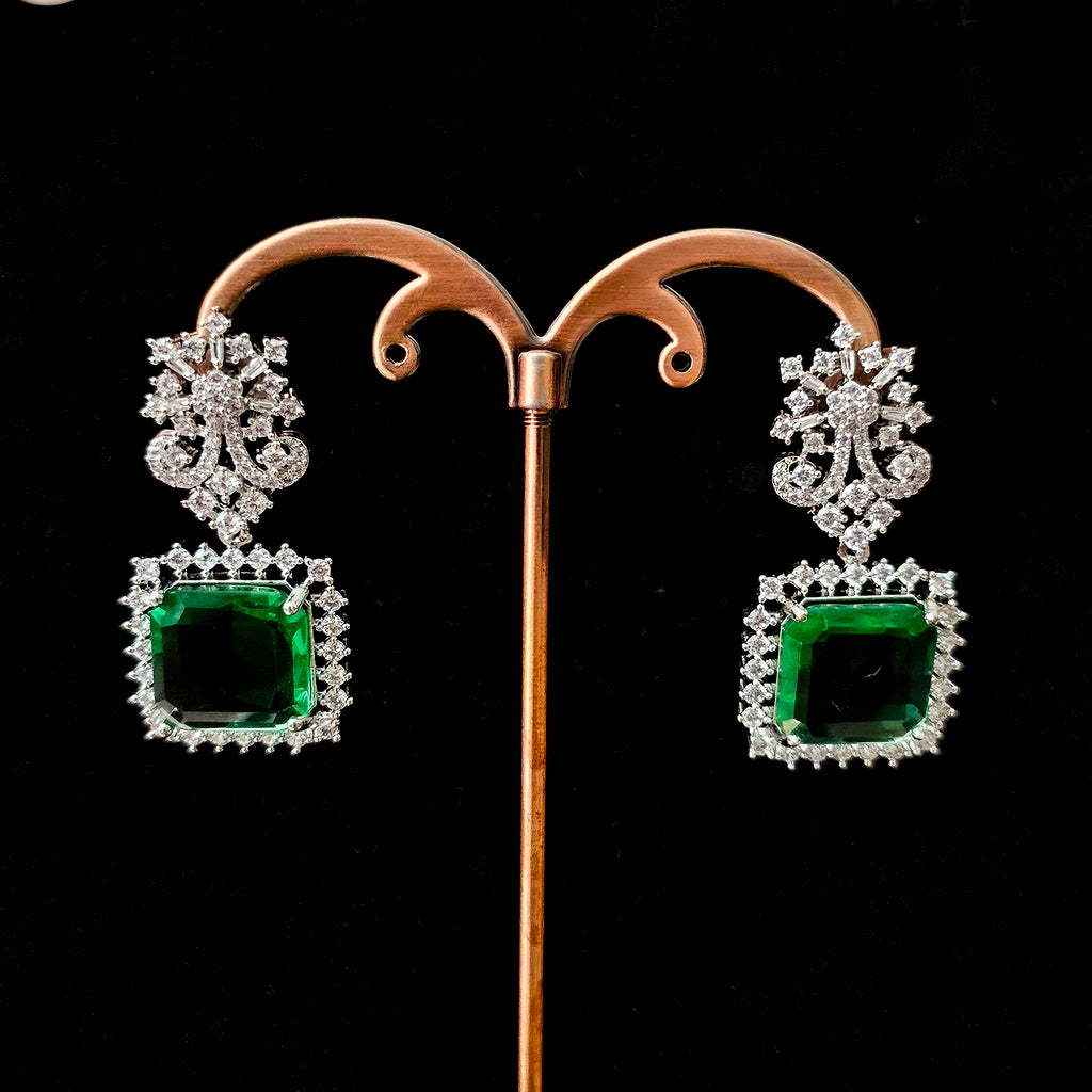 ADNEGR0130 - Green Color Silver Plated Faux American Diamond Necklace Set