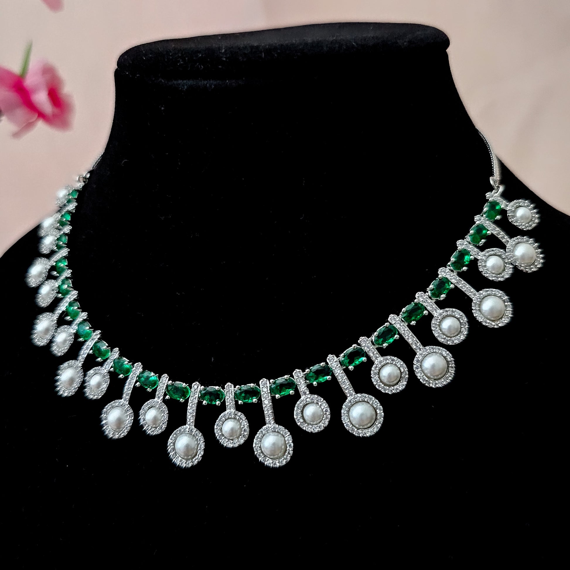ADNEGR0126 - Emerald Green Silver Plated Faux American Diamond Necklace Set
