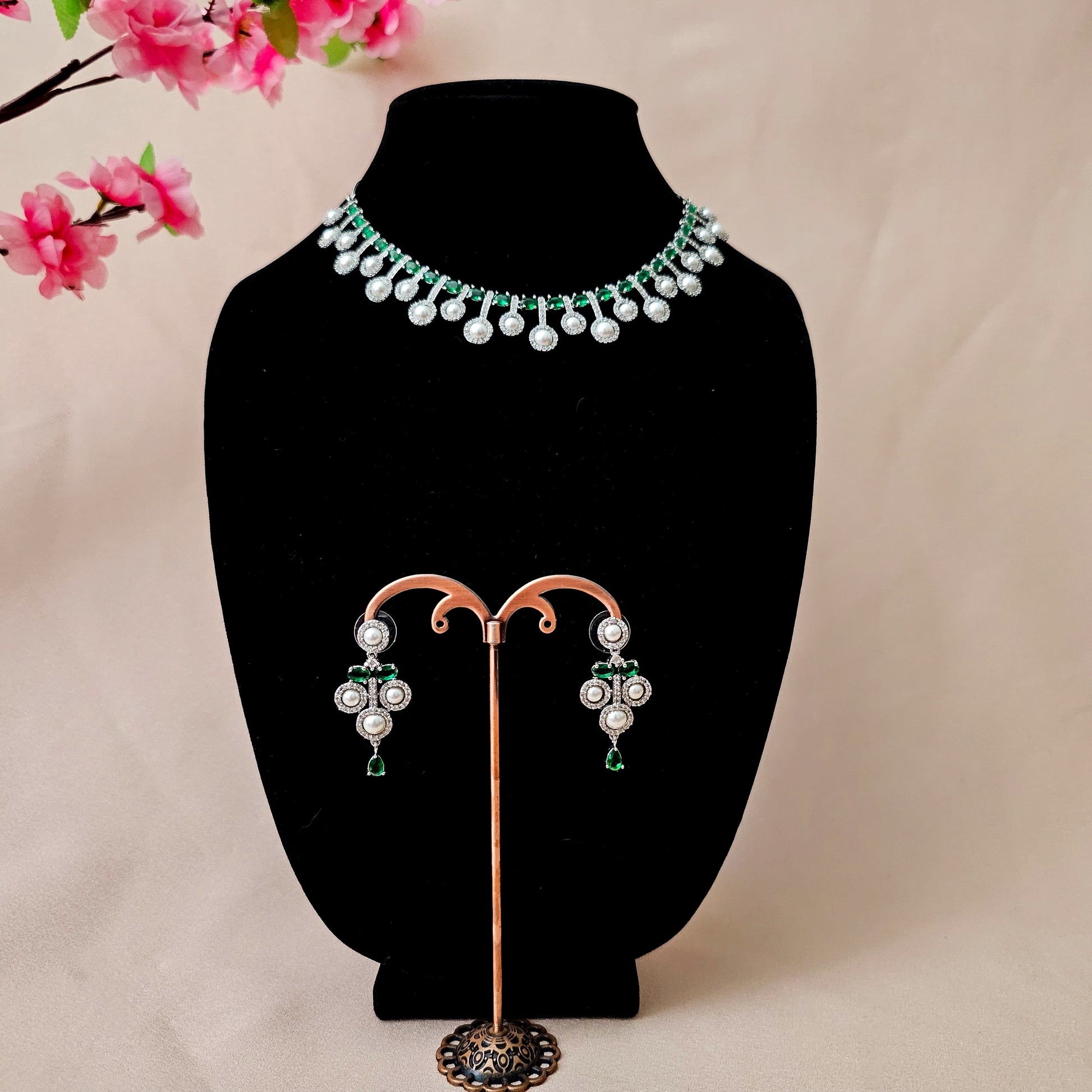 ADNEGR0126 - Emerald Green Silver Plated Faux American Diamond Necklace Set