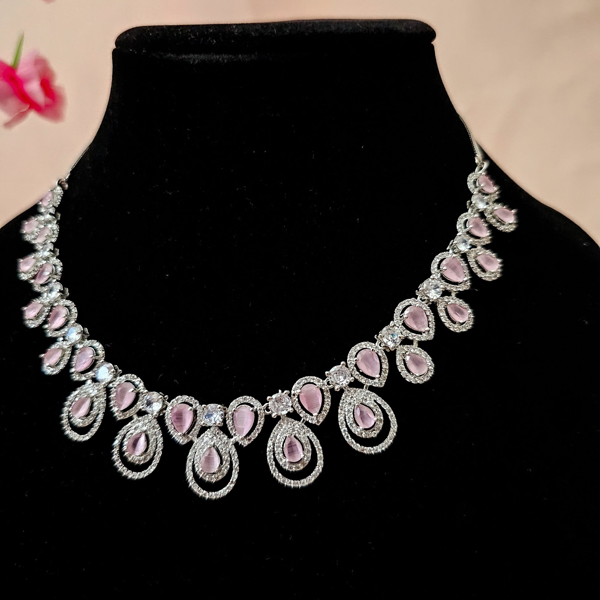 ADNEBP0001 - Pink Colour Silver Plated Faux American Diamond Necklace Set