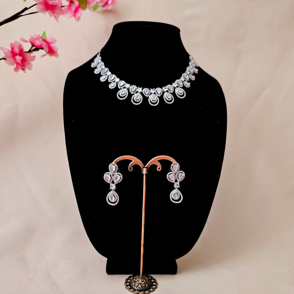 ADNEBP0001 - Pink Colour Silver Plated Faux American Diamond Necklace Set