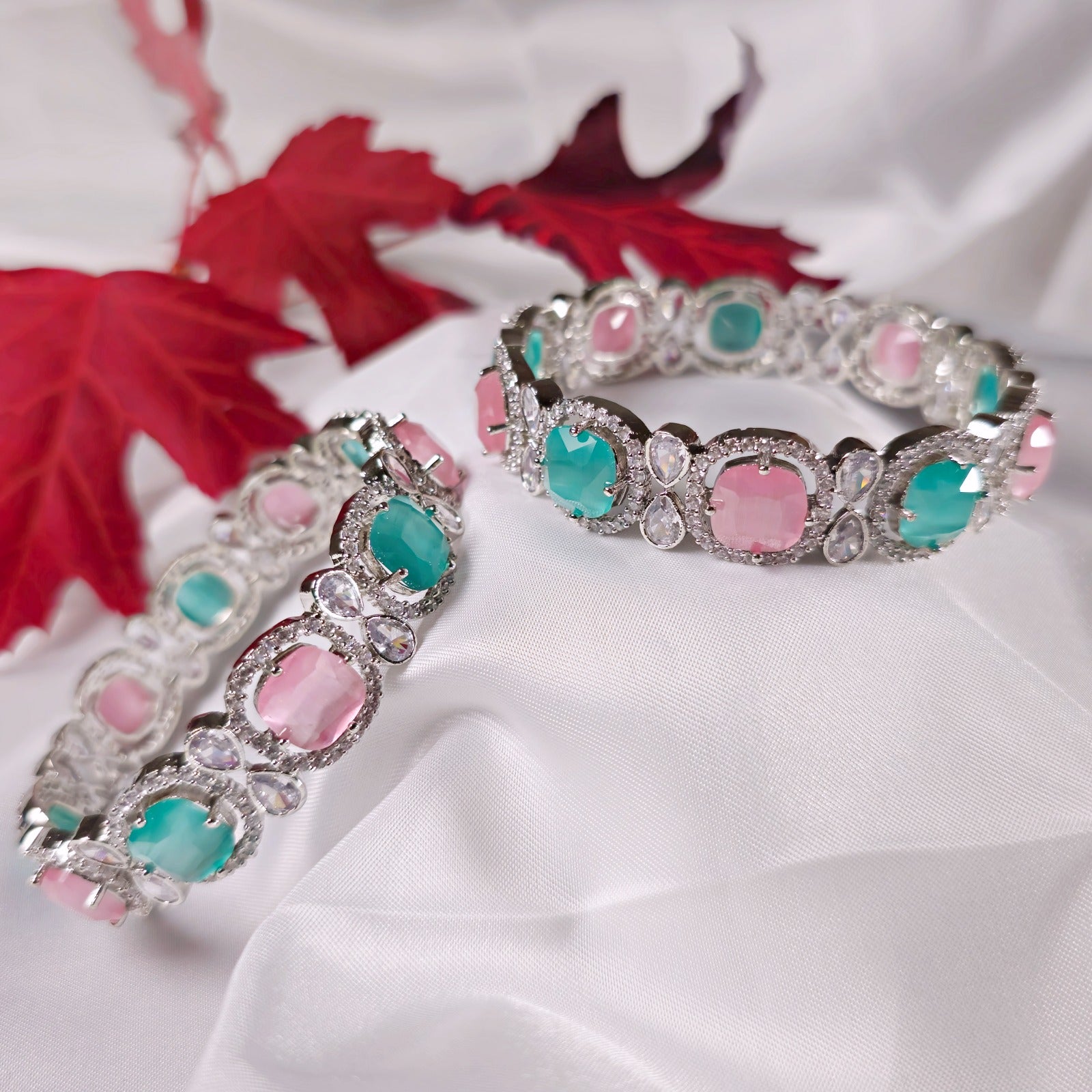 ADKAMP0053 - Silver-Plated Faux American Diamond Bangle Set with Moissanite