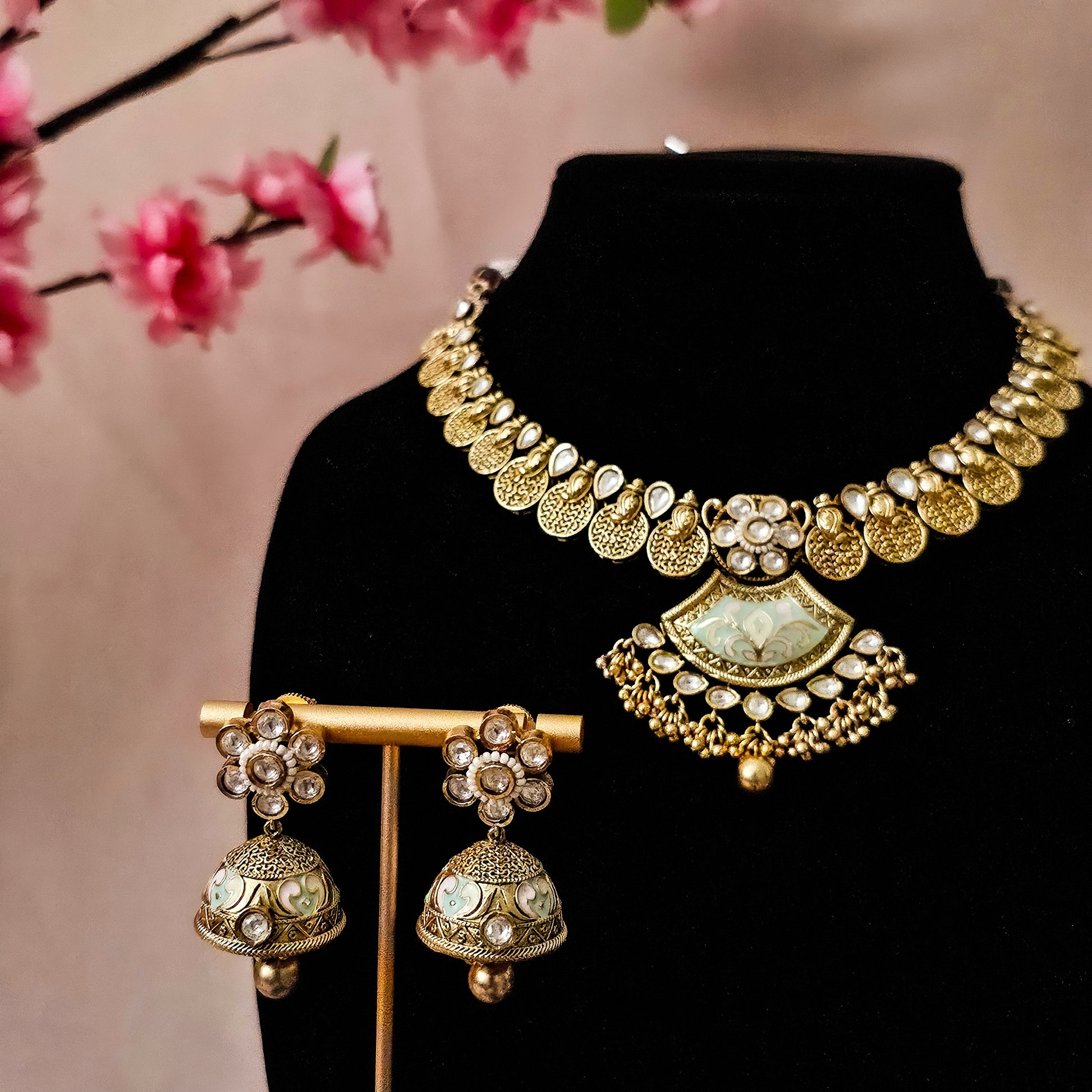 GGNEGO0082 - Gold Plated Kundan Necklace Set with Enamel