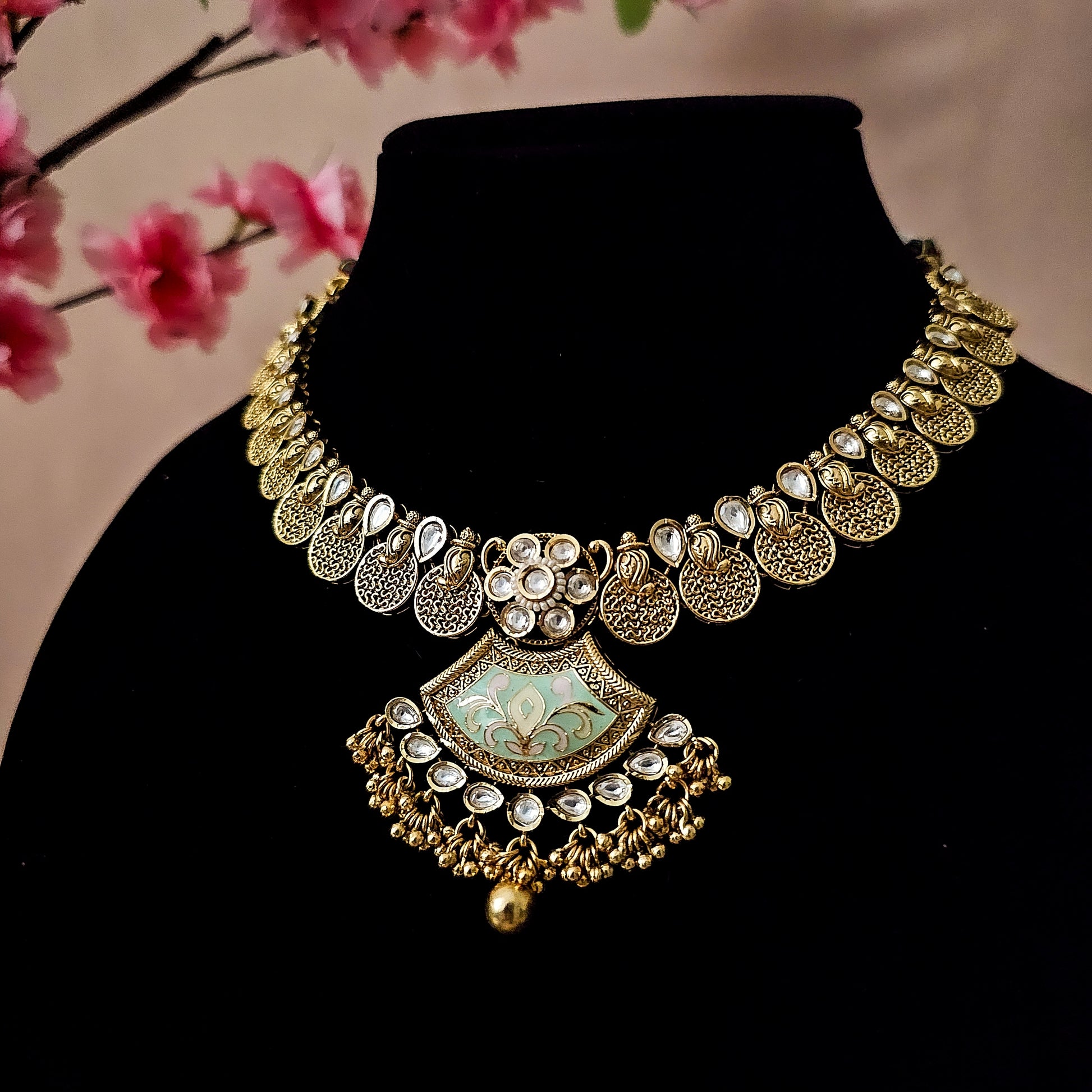 GGNEGO0082 - Gold Plated Kundan Necklace Set with Enamel